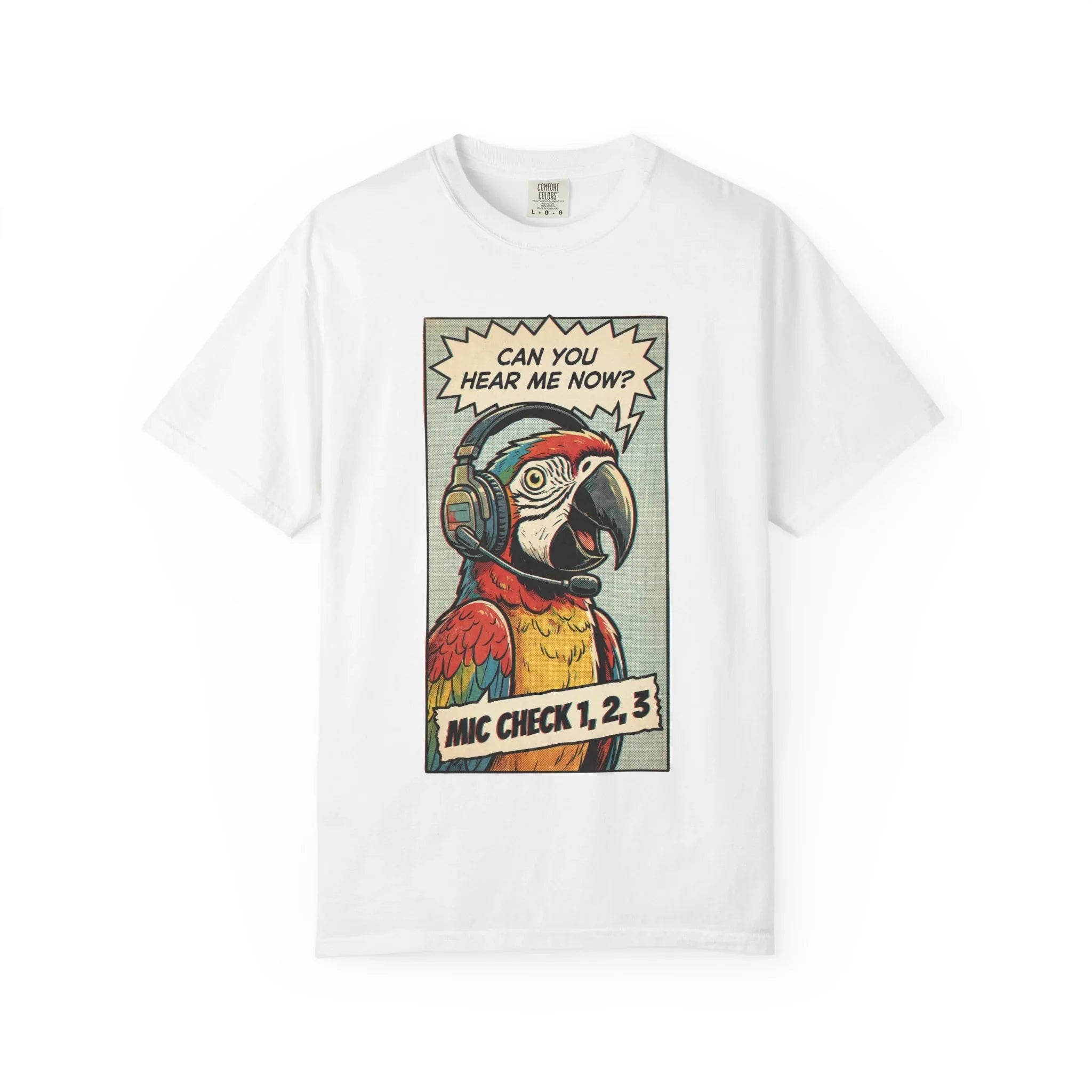 Funny Parrot Gamer Shirt - Vintage Comic Pop Art T-Shirt - Retro Macaw Bird "Mic Check" Graphic Tee - Sarcastic Podcast & Streamer Gift - Aesthetic Bird Lover Streetwear