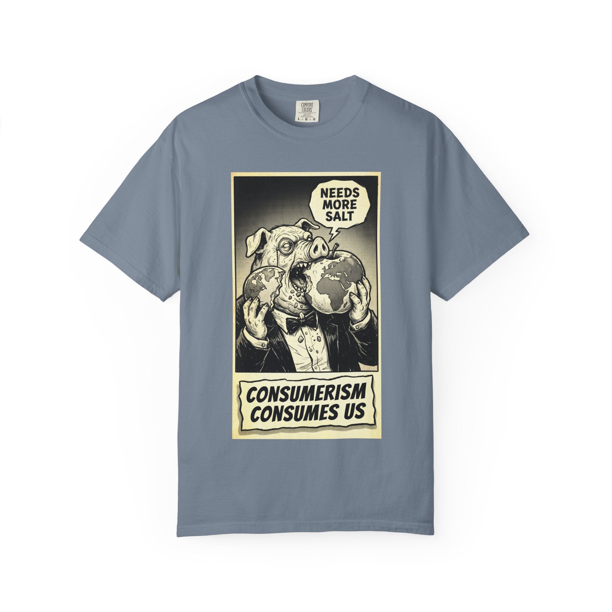 Consumerism Consumes Us T-Shirt | Vintage Satire Corporate Pig Graphic Tee | Anti-Capitalism Activist Apparel Blue Jean