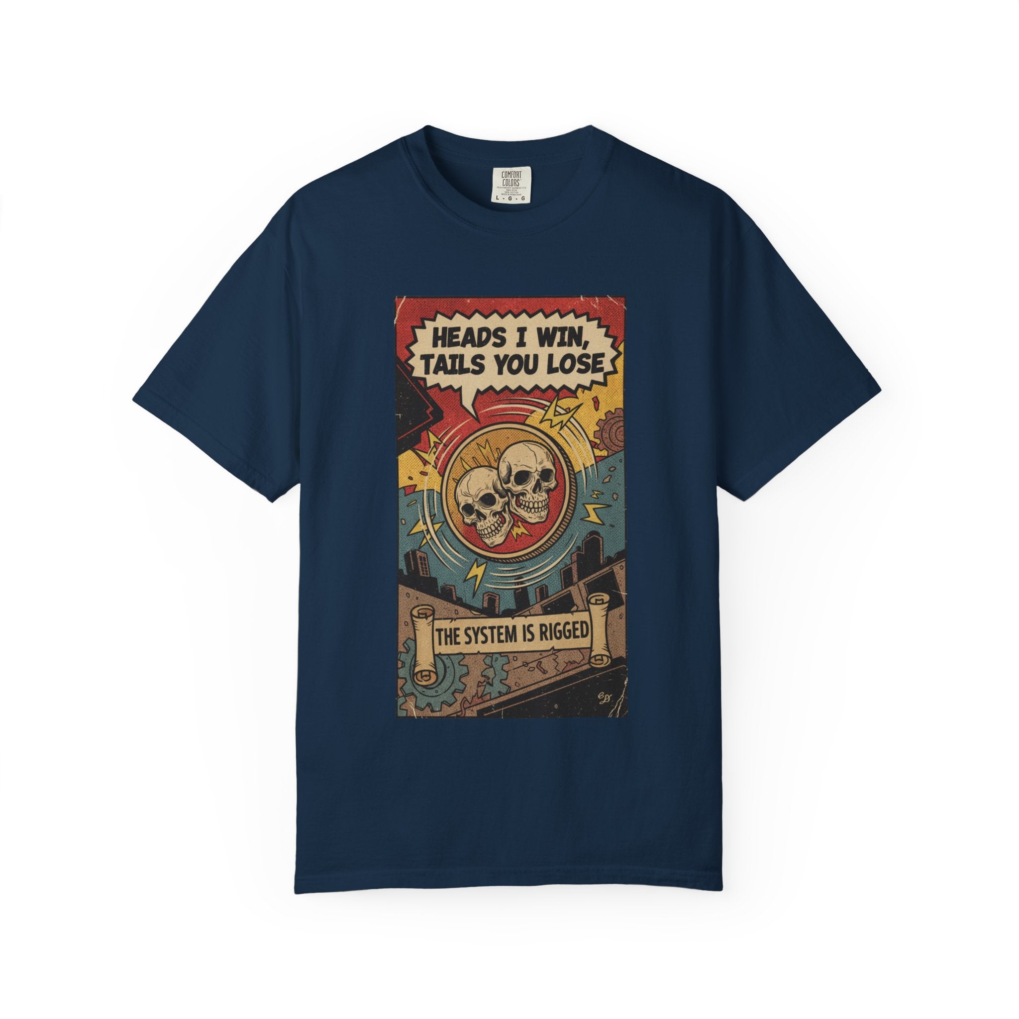 Vintage Satirical T-Shirt | Political Theater & System is Rigged Retro Tee | Sarcastic Dark Humor Shirt | Unisex Premium Cotton Graphic Tee True Navy