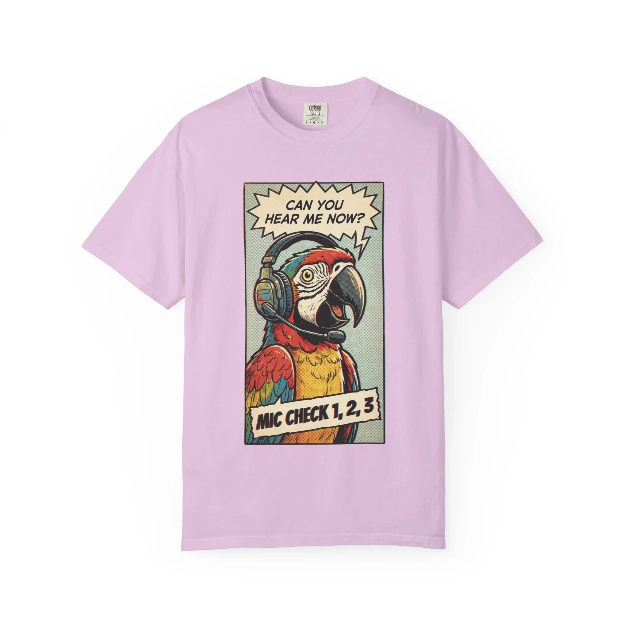 Funny Parrot Gamer Shirt - Vintage Comic Pop Art T-Shirt - Retro Macaw Bird "Mic Check" Graphic Tee - Sarcastic Podcast & Streamer Gift - Aesthetic Bird Lover Streetwear Orchid