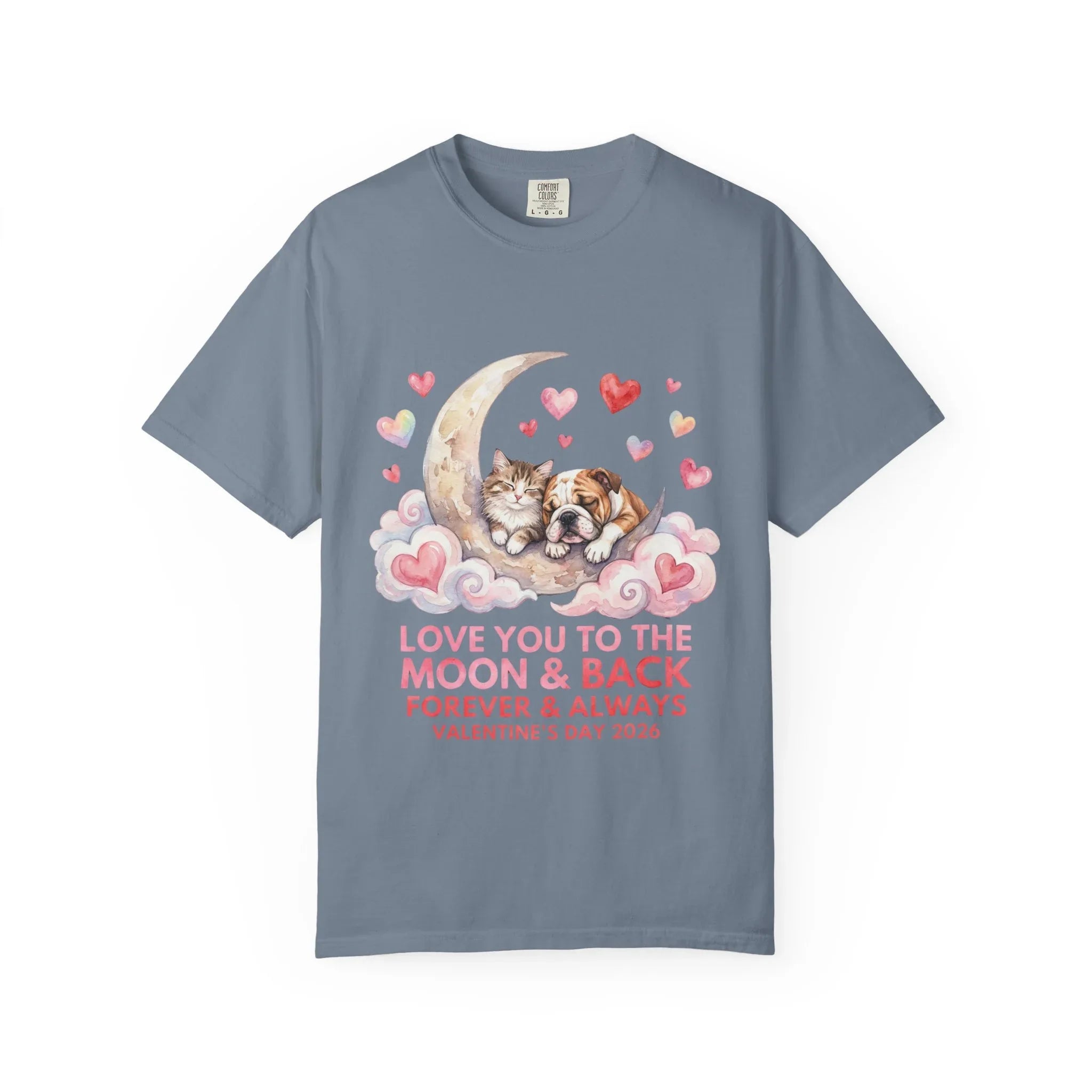 Love You to the Moon and Back Cats T Shirt Cute Kittens Crescent Moon Hearts Watercolor Cozy Vintage Aesthetic Gift Cat Lovers Valentine Tee Blue Jean