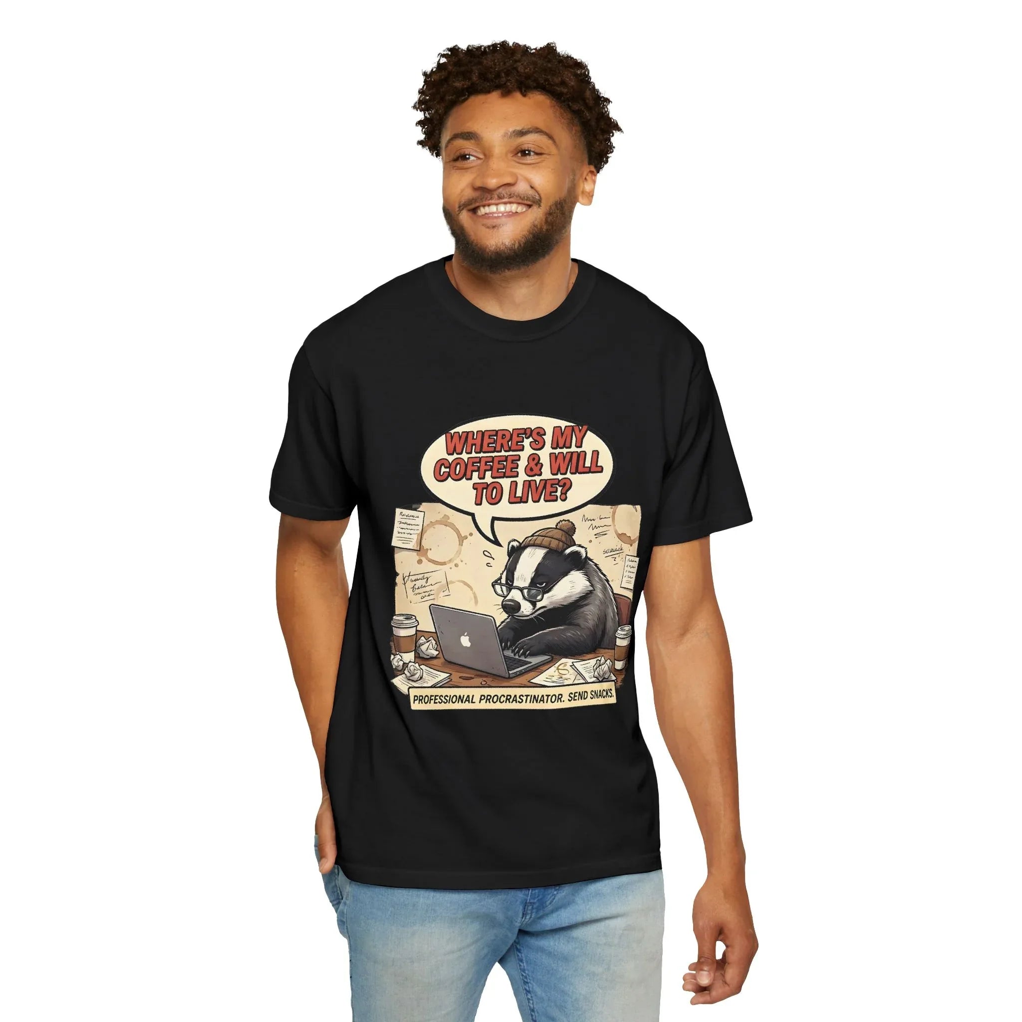Where's My Coffee and Will to Live Badger T-Shirt | Procrastination Coffee Design | Funny Freelancer Gift | Vintage Sarcastic Humor Tee