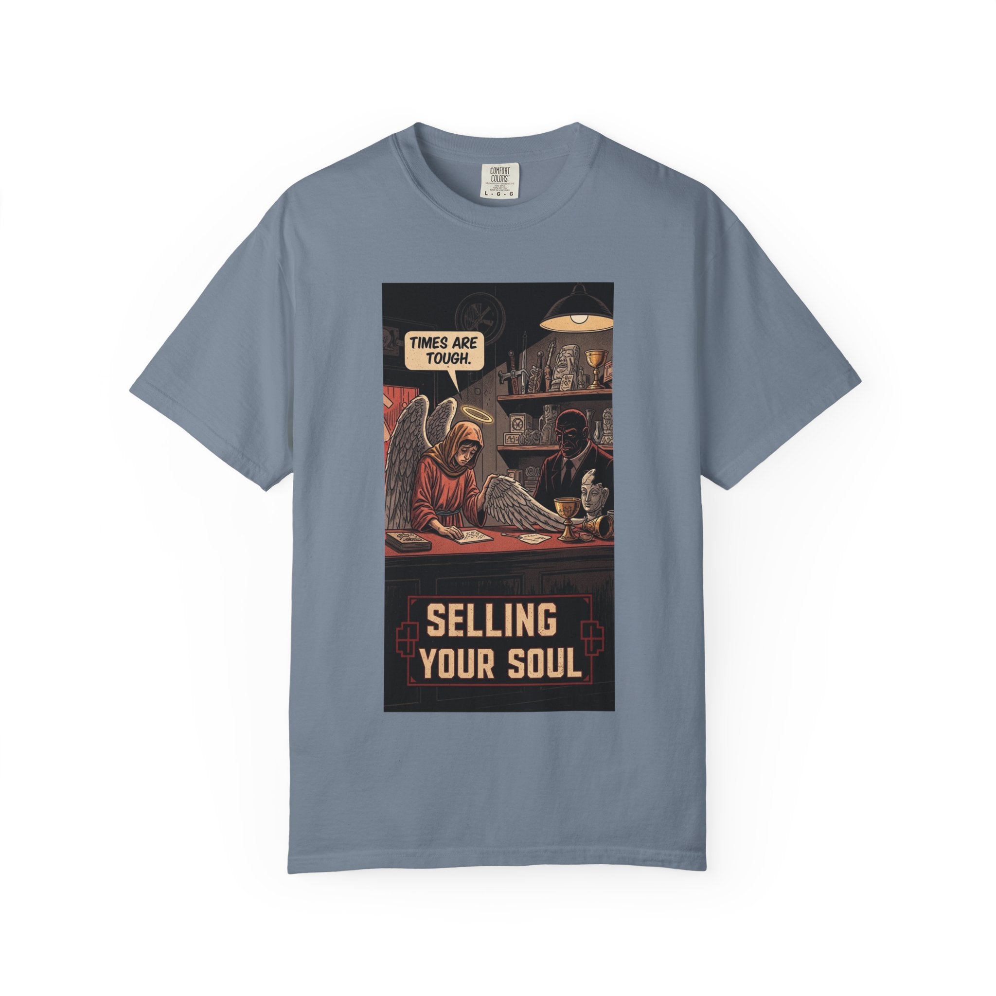 Selling Your Soul Shirt - Vintage Pawn Shop Satire Tee - Angel Social Commentary T-Shirt - Dark Humor Philosophy Gift - Retro Comic Graphic Apparel Blue Jean