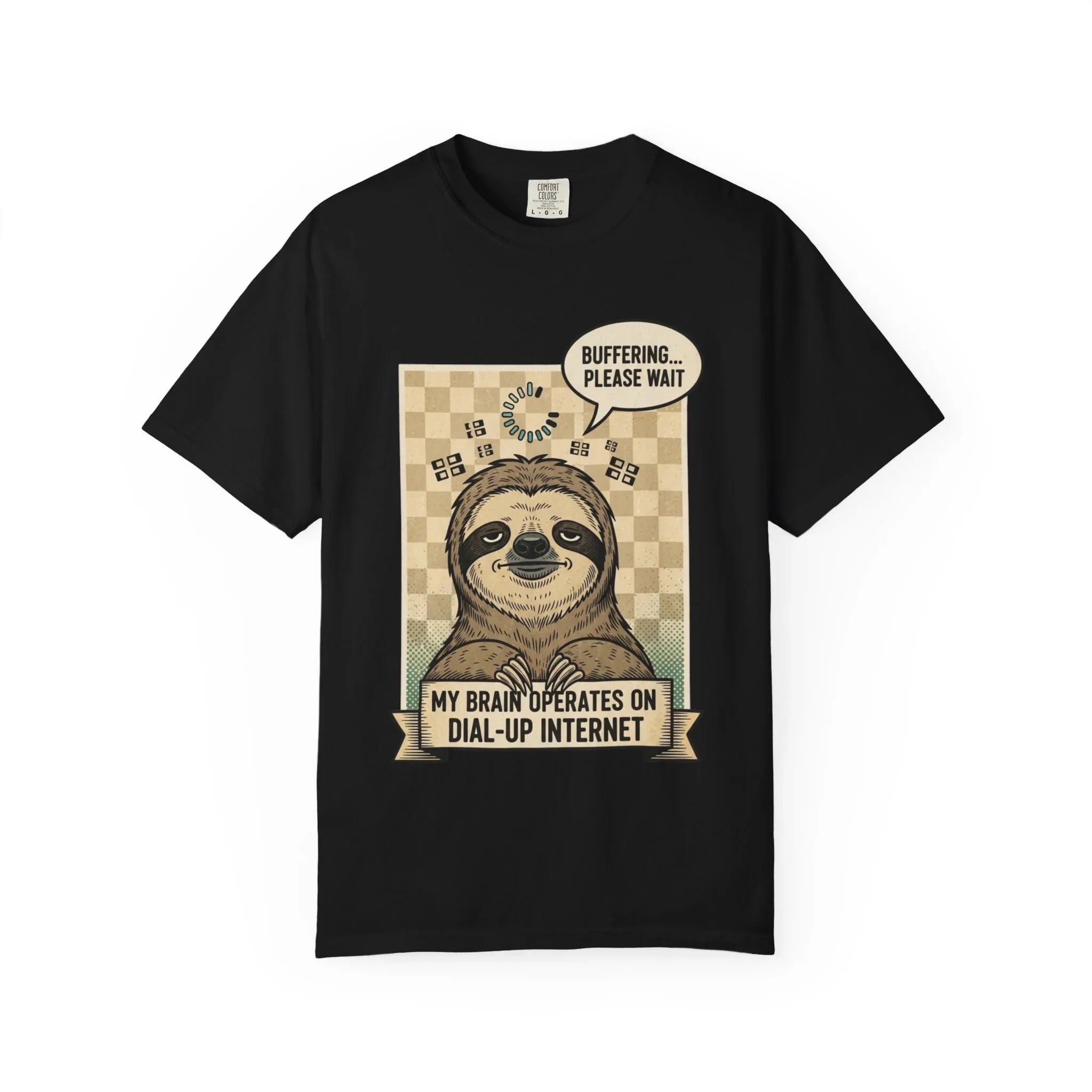 Funny Sloth Shirt - Retro 90s Dial-Up Internet Tee - "My Brain Operates on Dial-Up" Buffering Graphic T-Shirt - Sarcastic Sloth Lover Gift - Vintage Style Comfort Colors Apparel Black