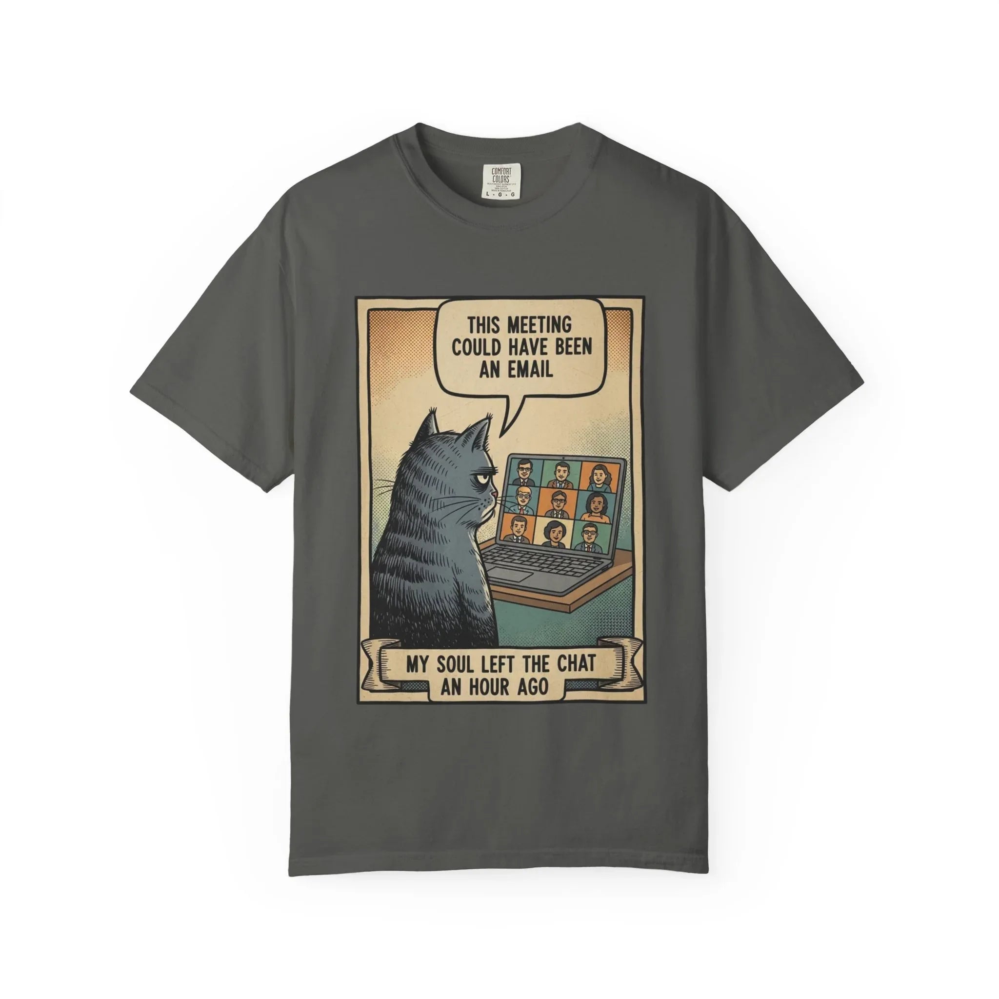 Funny Cat Work Shirt - "My Soul Left The Chat" Sarcastic Tee - Office Humor Gift for Coworker - Video Call Fatigue Meme Top - Work From Home (WFH) Uniform Pepper