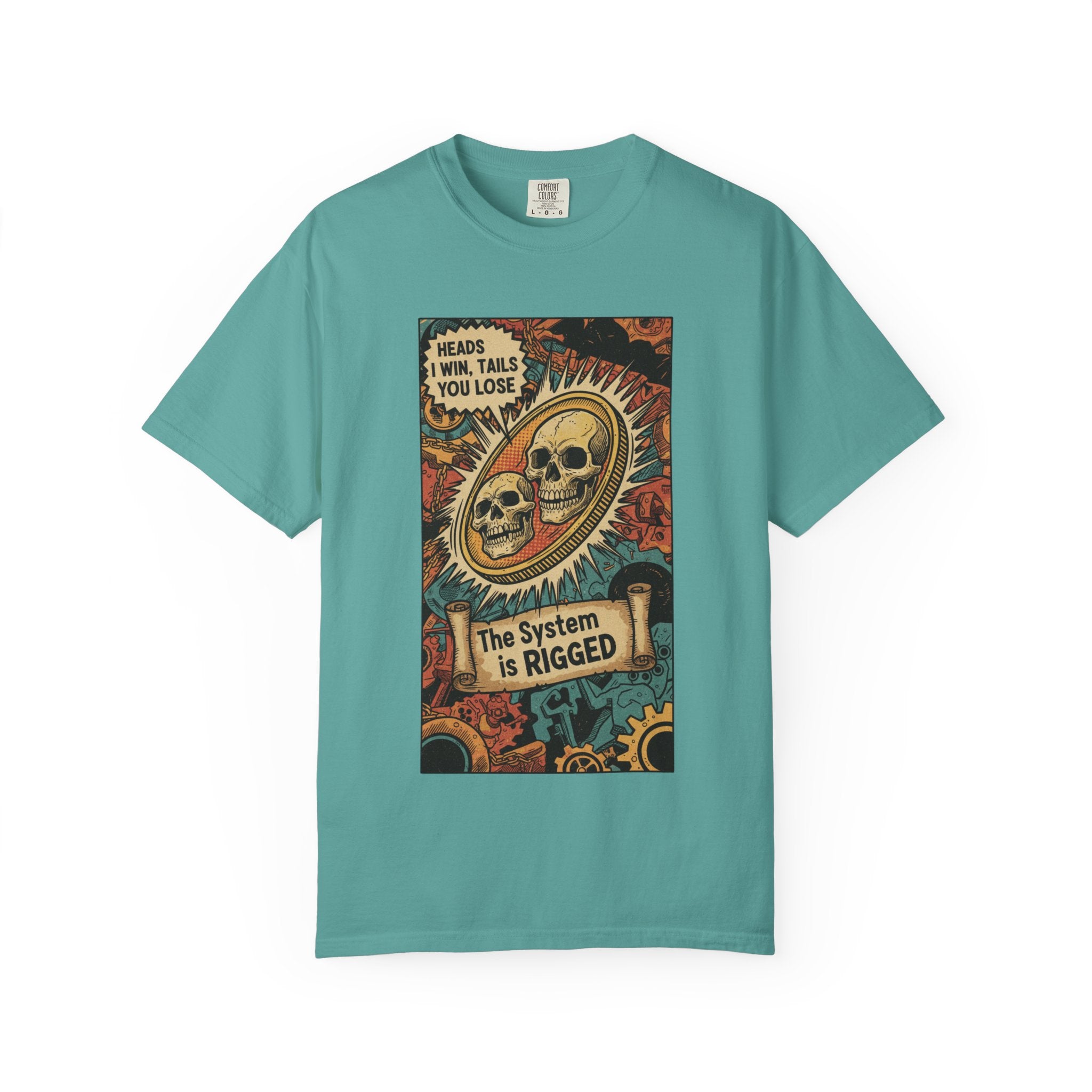 The System Is Rigged T-Shirt - Vintage Satirical Skull Coin Graphic - Dark Humor Chess Knight Pawn Tee - Retro Propaganda Streetwear Seafoam