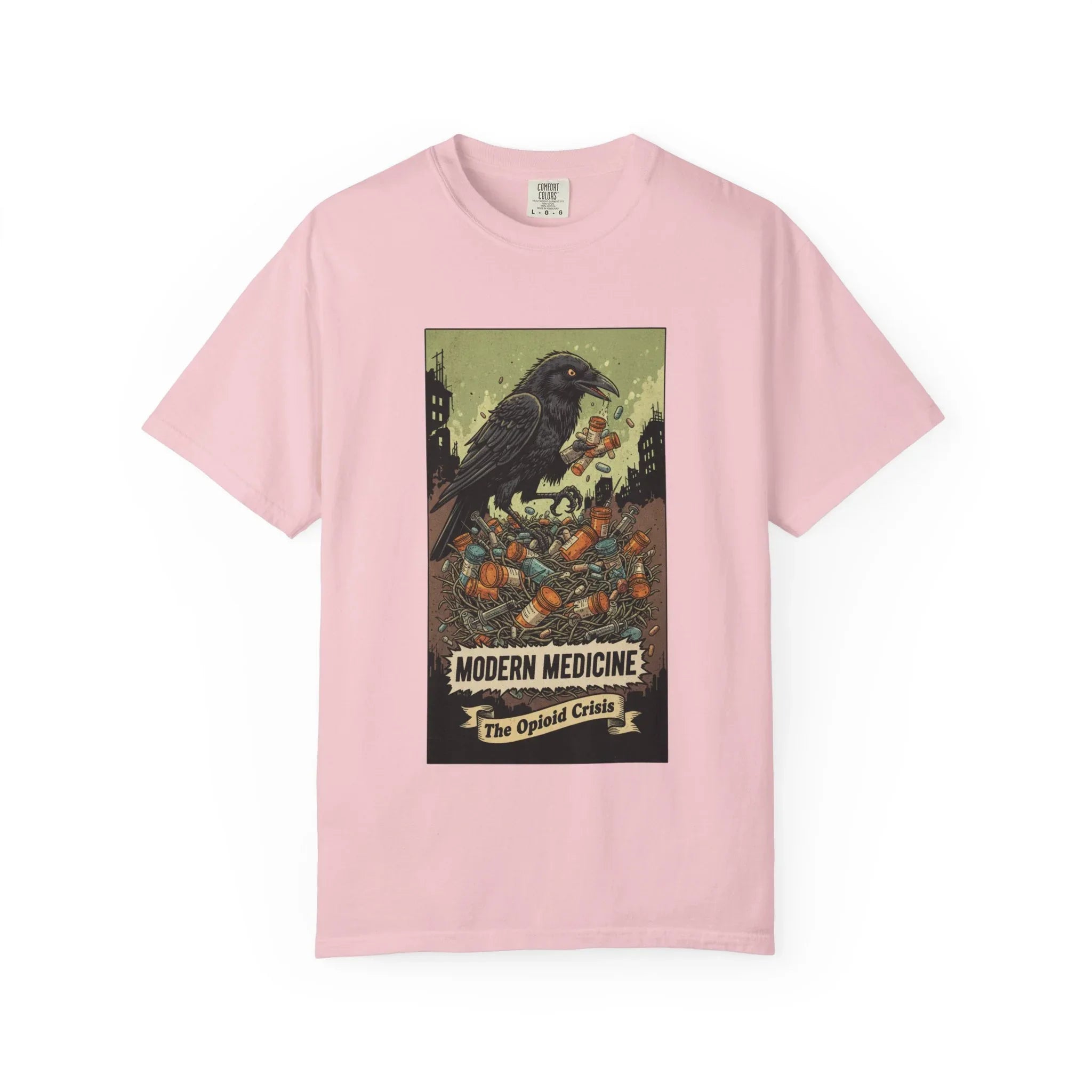 Modern Medicine Raven Shirt - Opioid Crisis Satire Tee - Dark Gothic Graphic T-Shirt - Vintage Social Commentary Art - Raven Nest Medicine Bottle Dark Humor Streetwear Blossom