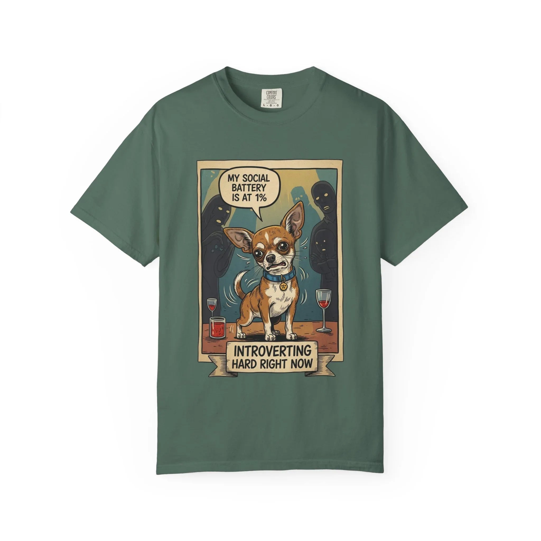 Funny Chihuahua Shirt - "Social Battery 1 Percent" Introvert Tee - Sarcastic Dog Mom Gift - Retro Graphic T-Shirt - Humorous Dog Lover "Introverting Hard" Top Blue Spruce