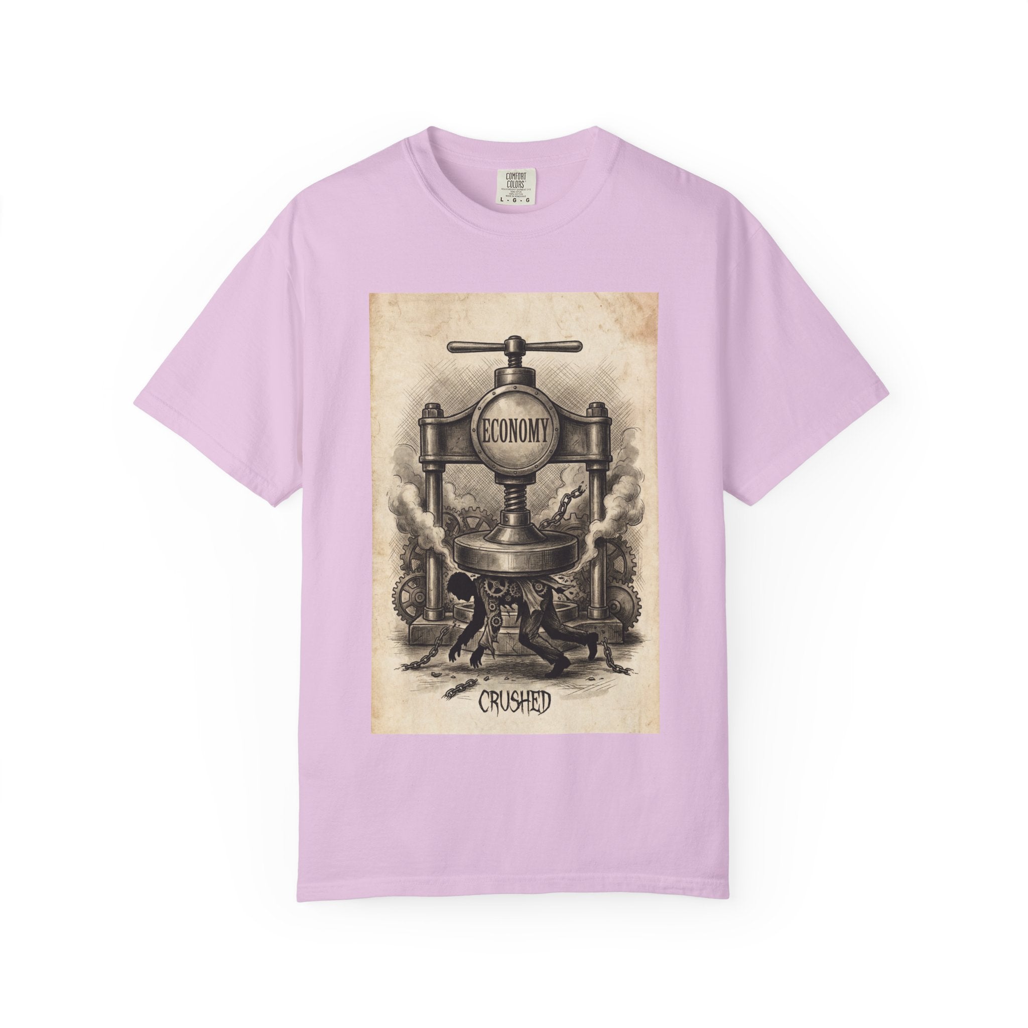 Vintage Economy Press T-Shirt | Retro Industrial Satire Tee | Dark Academia Social Comment Art Shirt | Gift for Philosophy & Economics Lovers" Orchid