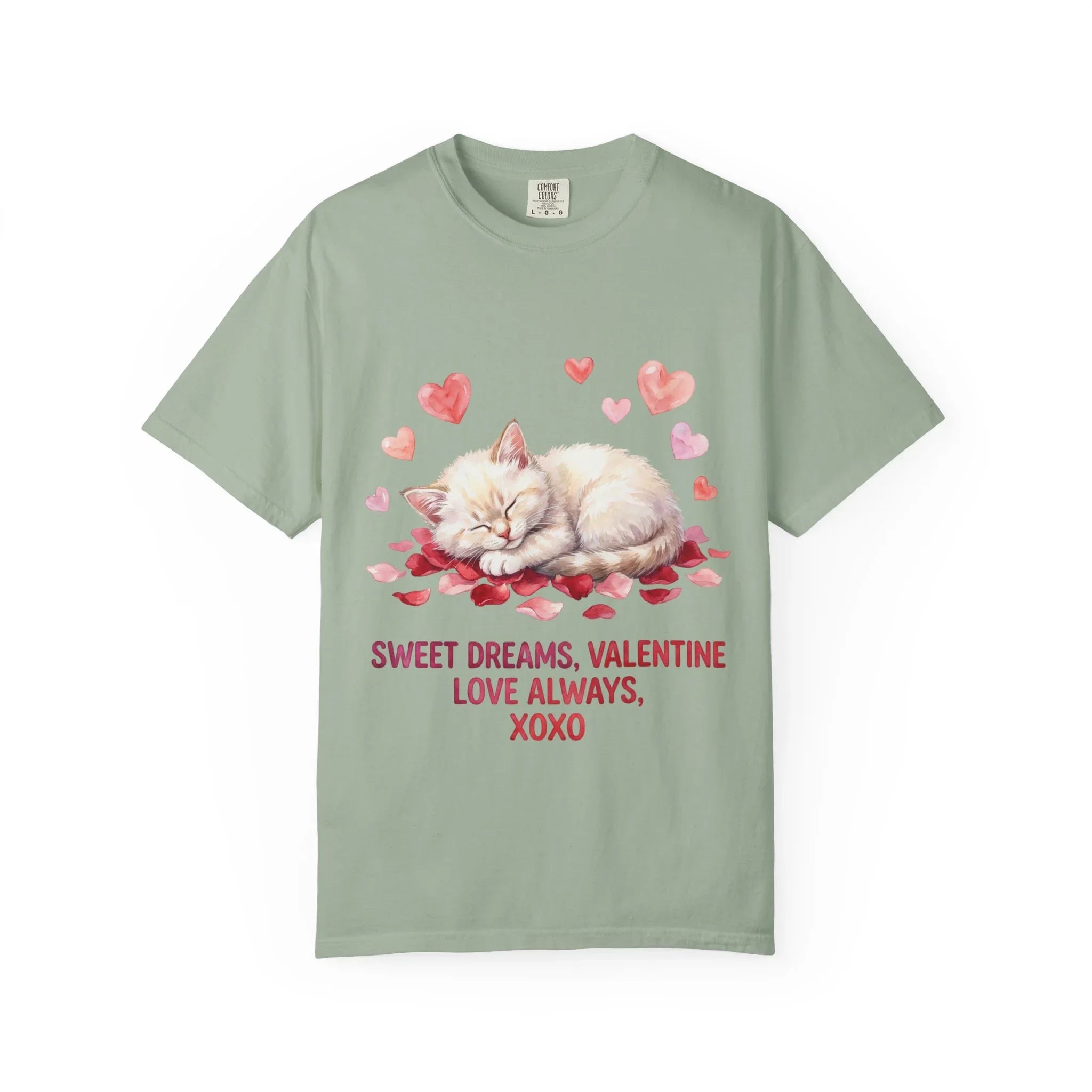 Sweet Dreams Valentine Kitten T Shirt Cute Sleeping Cat Hearts Watercolor Cozy Aesthetic Gift for Cat Lovers Soft VintageCotton Romantic Tee Bay