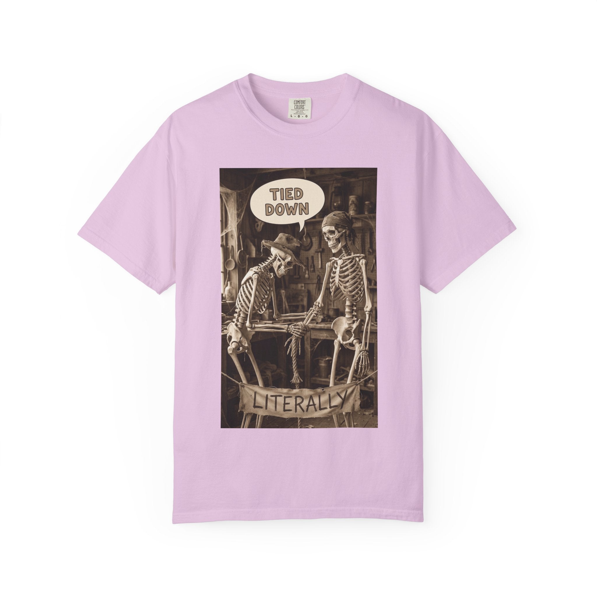 🪢 Tied Down Literally – Vintage Skeleton Satire & Dark Humor Streetwear Unisex Garment-Dyed T-shirt Orchid