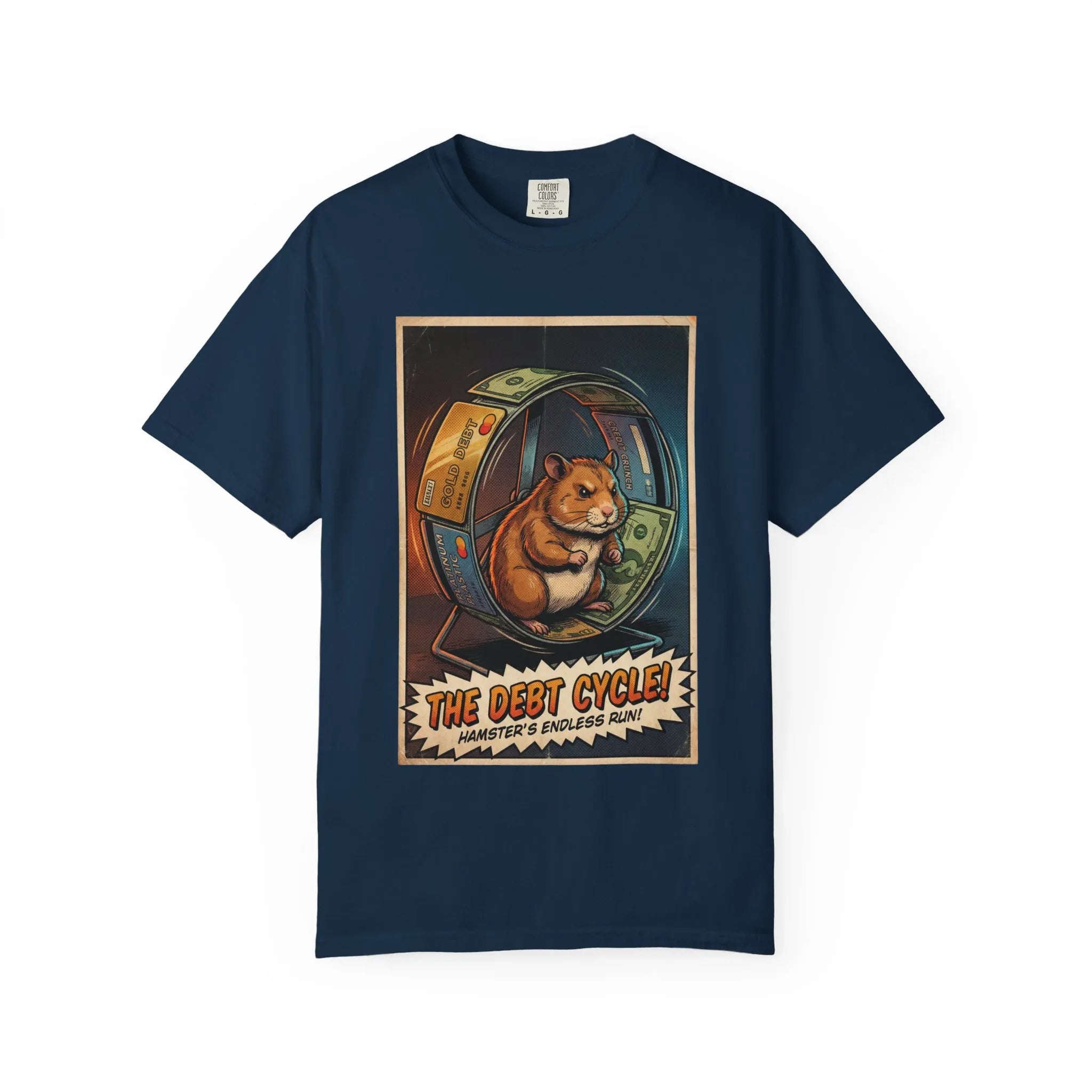 Funny Debt Cycle Hamster Shirt - Retro Comic Satire T-Shirt - Financial Humor Graphic Tee - Vintage Credit Crunch Money Art - Sarcastic Credit Card Debt Gift True Navy