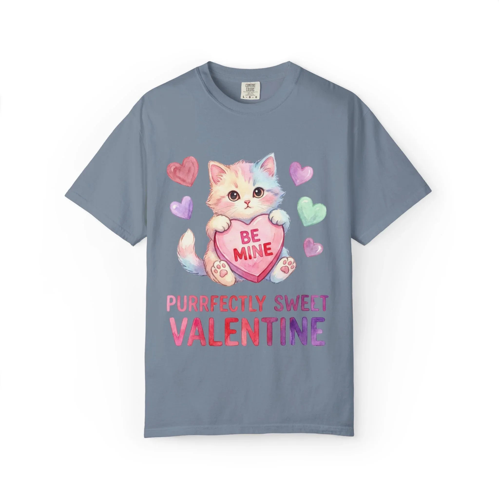 Purrfectly Sweet Valentine Cat T-Shirt | Be Mine Heart Design | Cute Pastel Kitten Tee | Cozy Romantic Gift for Cat Lovers Blue Jean