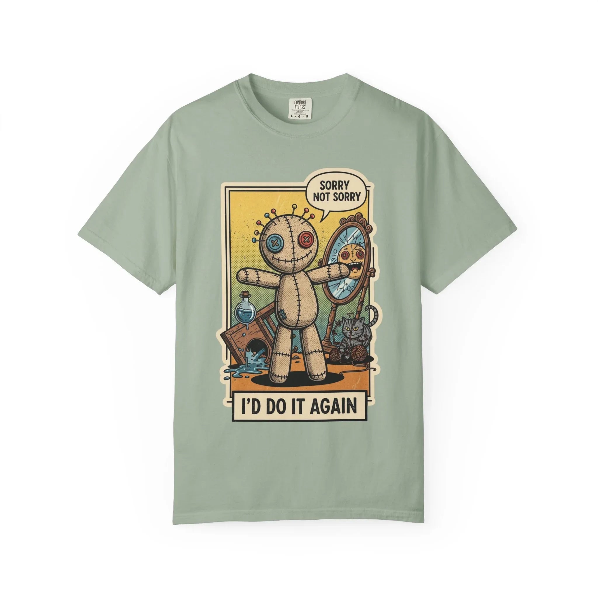 Sorry Not Sorry Voodoo Doll Shirt - Sarcastic "I'd Do It Again" Graphic Tee - Retro Comic Dark Humor T-Shirt - Vintage Black Cat Aesthetic Streetwear - Unapologetic Mood Gift Bay