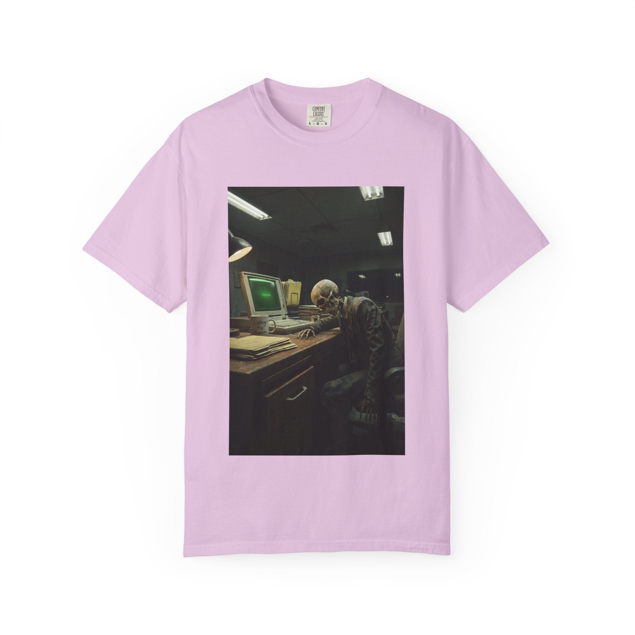 Living The Dream Skeleton T-Shirt - Funny Corporate Burnout Shirt - Vintage Aesthetic Dark Humor Office Tee - Sarcastic Work Gift Orchid