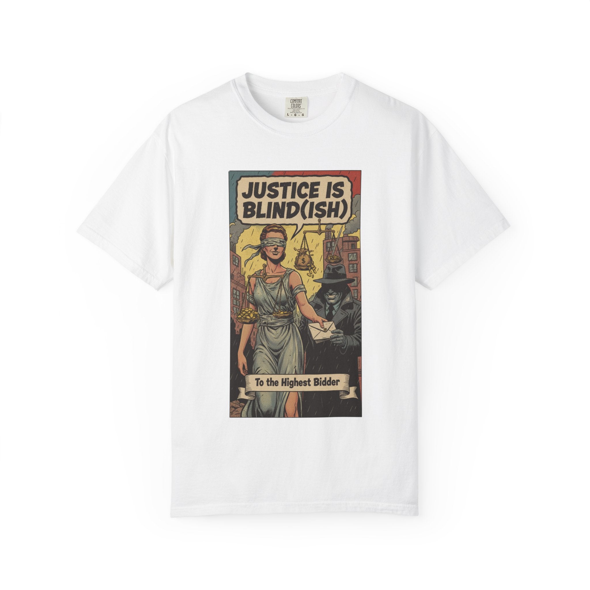 Justice Is Blind(ish) Shirt - Vintage Satire T-Shirt - Retro Comic Graphic Tee - Sarcastic Lady Justice Gift - Garment-Dyed Streetwear White