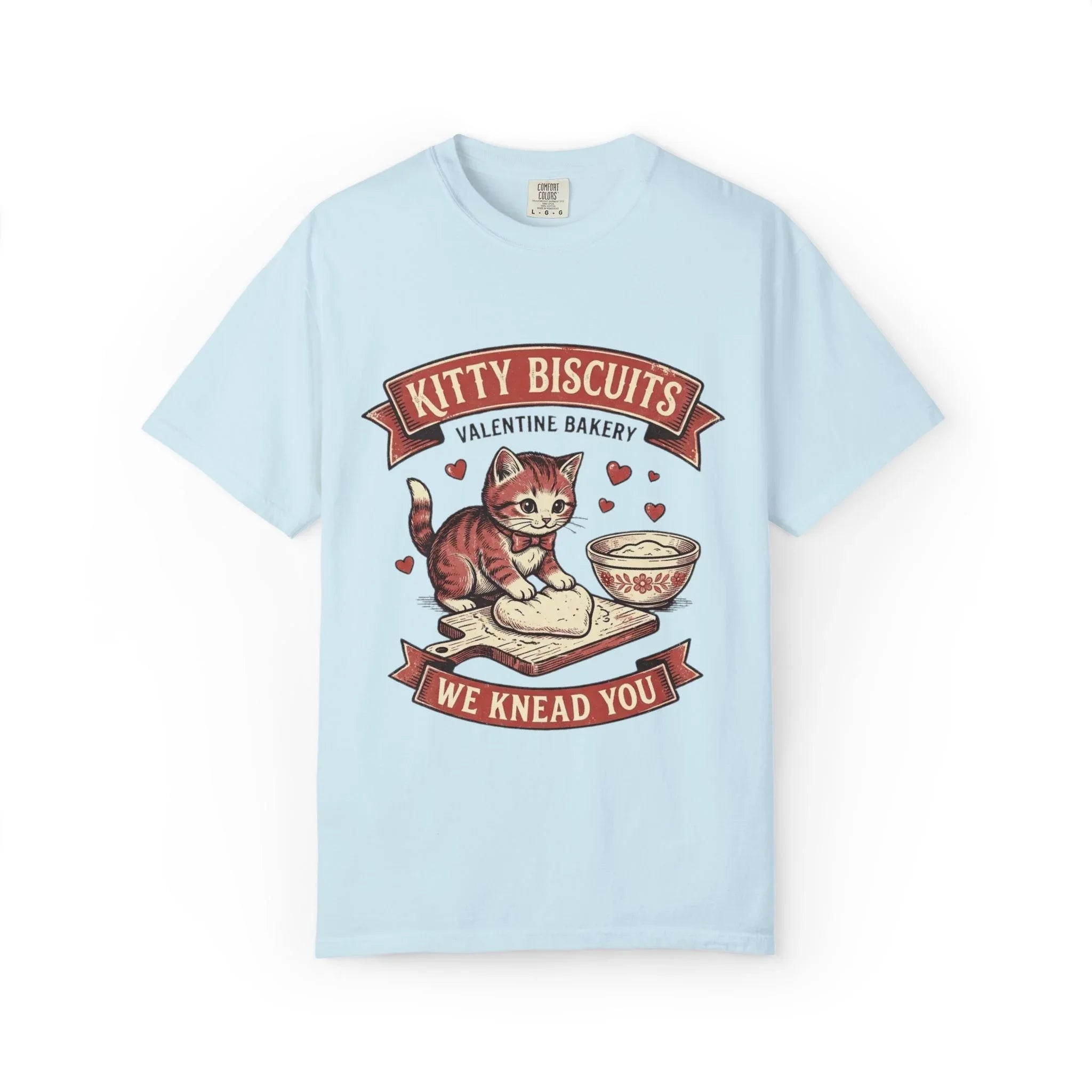 Kitty Biscuits T-Shirt | Valentine Bakery Cat We Knead You Graphic Tee Chambray
