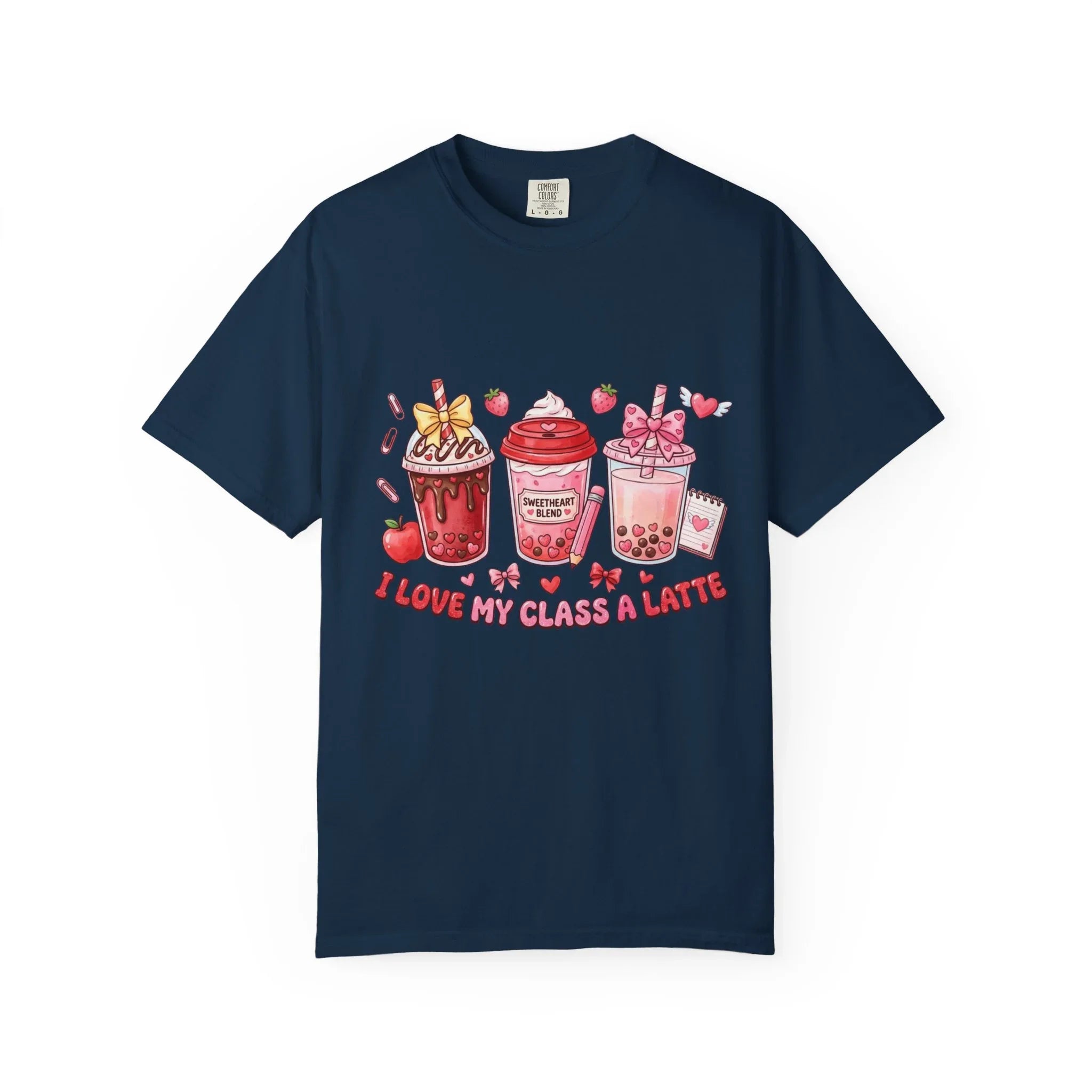 Strawberry Boba Drinks T-Shirt | I Love My Class A Latte Design | Cute Kawaii Bubble Tea Tee | Vintage Foodie Aesthetic Gift True Navy