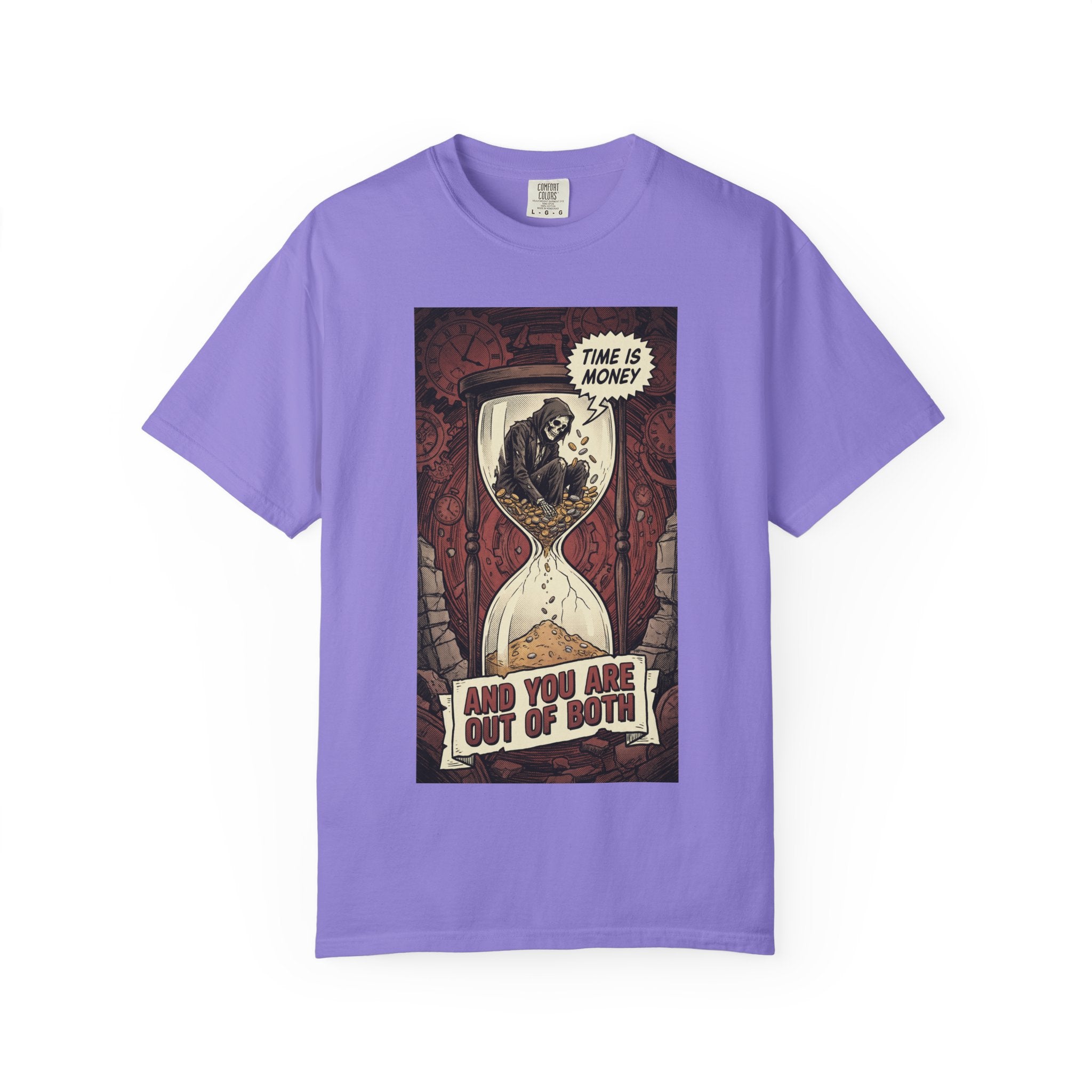 Time Is Money Shirt, Out of Both Grim Reaper Tee, Sarcastic Financial Satire Shirt, Vintage Grunge Hourglass Apparel, Dark Humor Philosophy Gift Violet