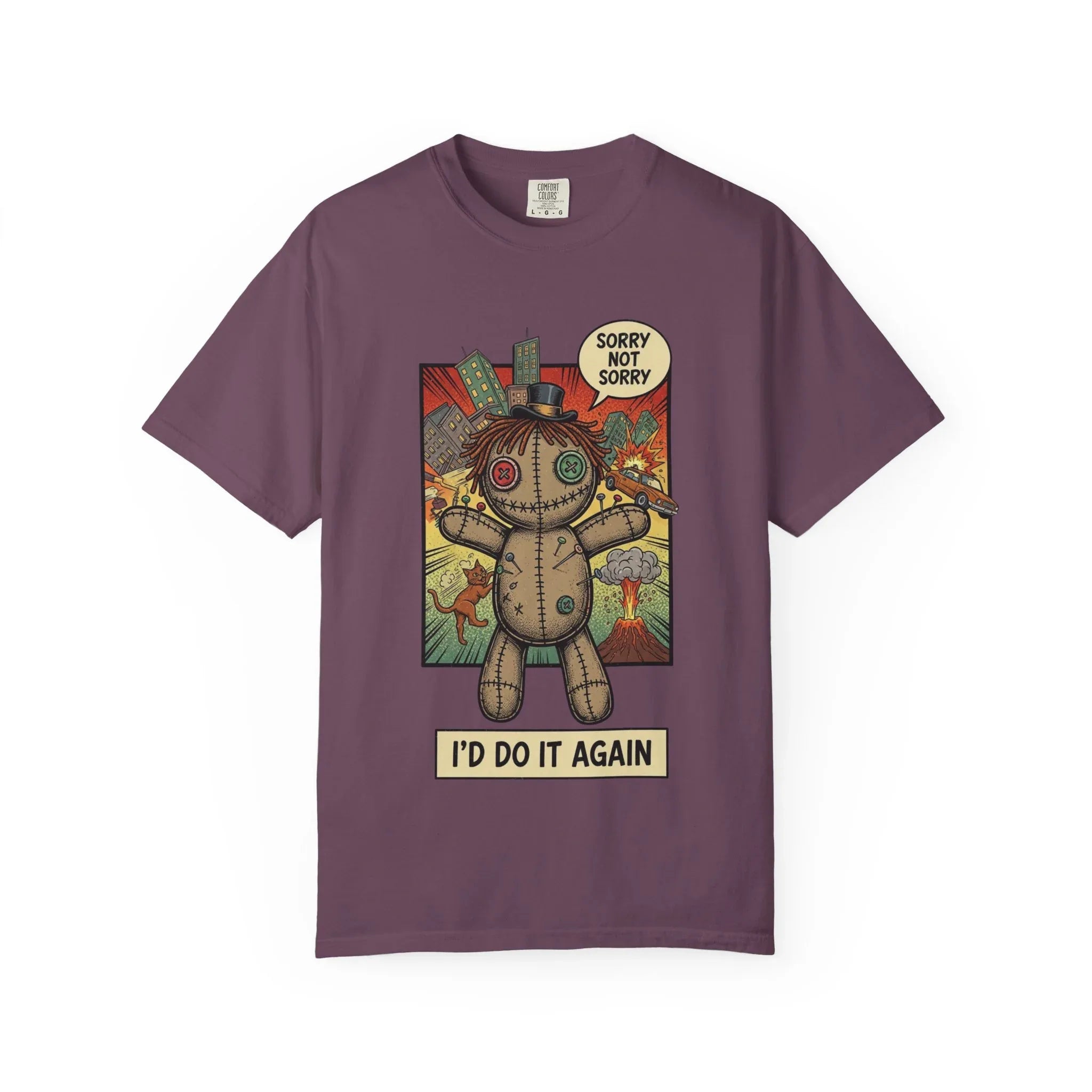 Funny Voodoo Doll Sarcastic Shirt - Retro Comic Dark Humor Graphic Tee - "I'd Do It Again" Sorry Not Sorry Unapologetic Mood T-Shirt - Vintage Garment-Dyed Streetwear Berry