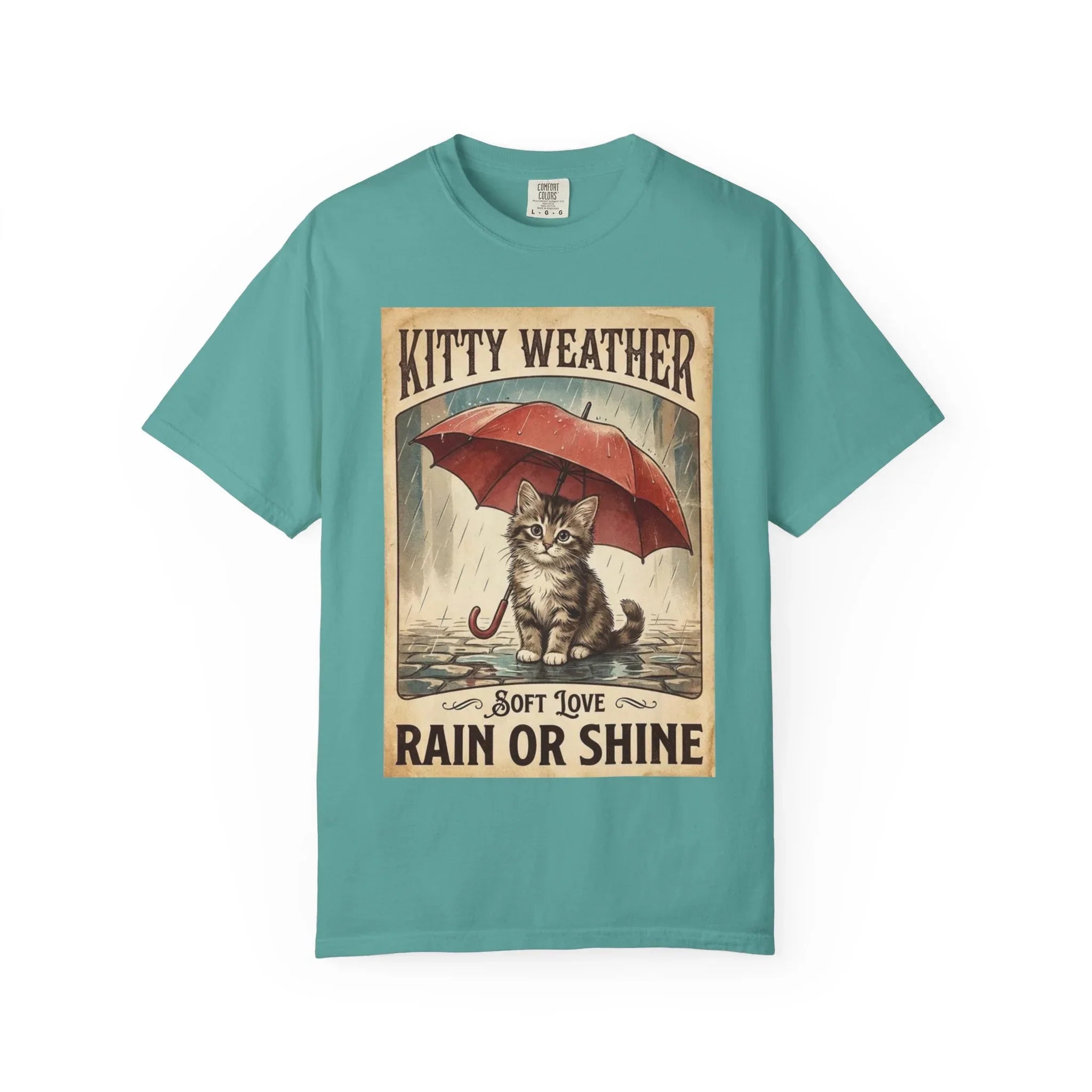 Kitty Weather Rain or Shine Shirt, Umbrella Cat Vintage Poster T-Shirt, Cozy Rainy Day Kitten Tee, Retro Cat Lover Gift Seafoam
