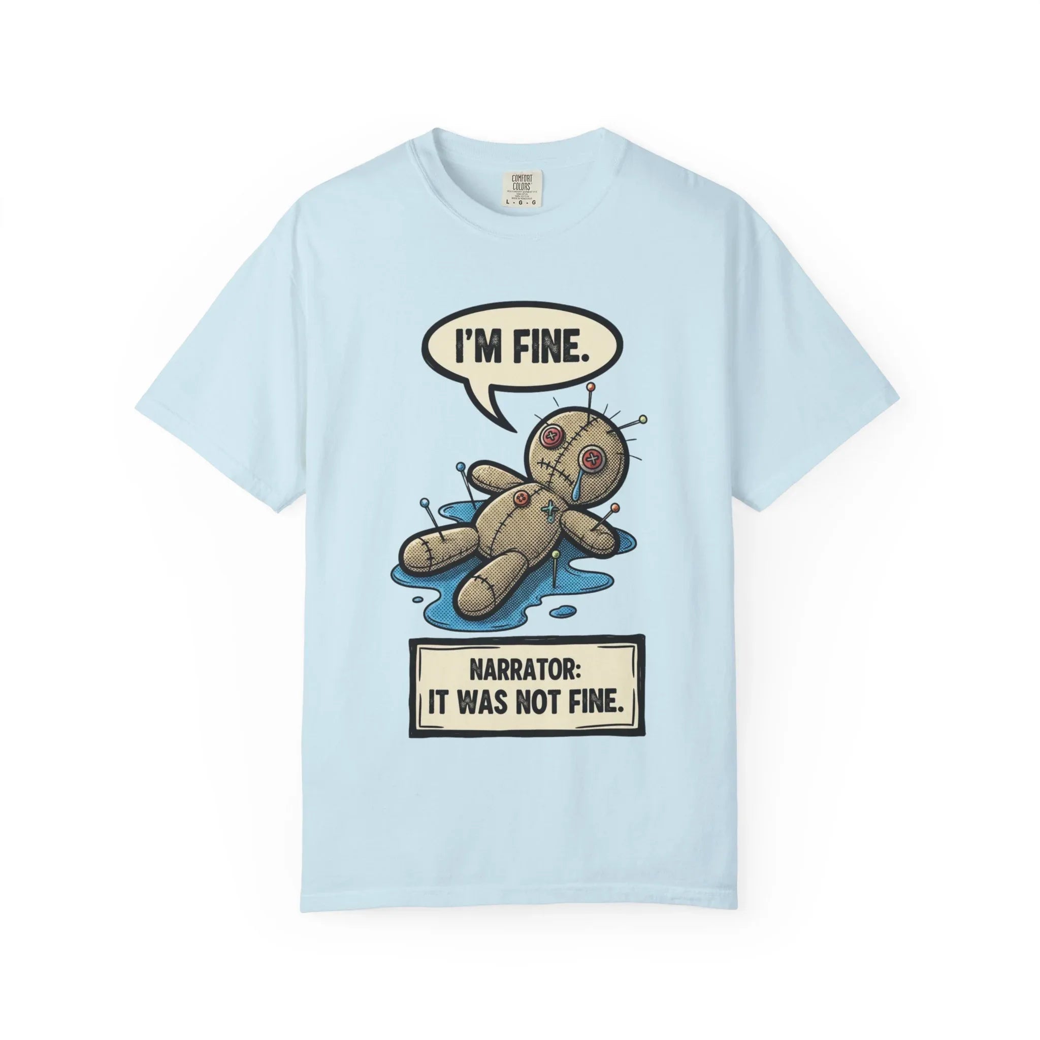 Funny Voodoo Doll "I'm Fine" Shirt - Sarcastic Mental Health Graphic Tee - Retro Comic Dark Humor T-Shirt - Vintage Garment-Dyed Relatable Mood Shirt - Edgy Aesthetic Streetwear Chambray