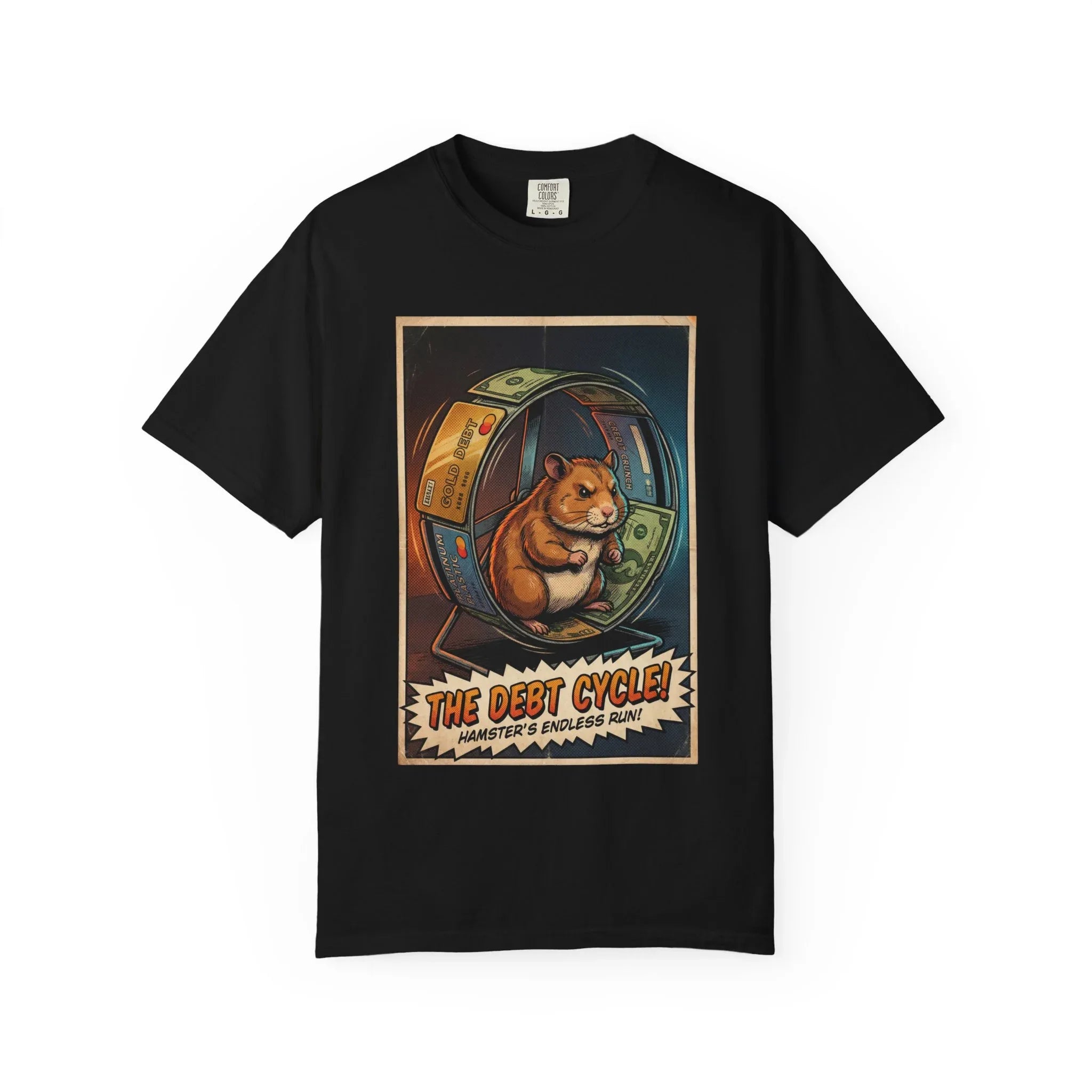 Funny Debt Cycle Hamster Shirt - Retro Comic Satire T-Shirt - Financial Humor Graphic Tee - Vintage Credit Crunch Money Art - Sarcastic Credit Card Debt Gift Black