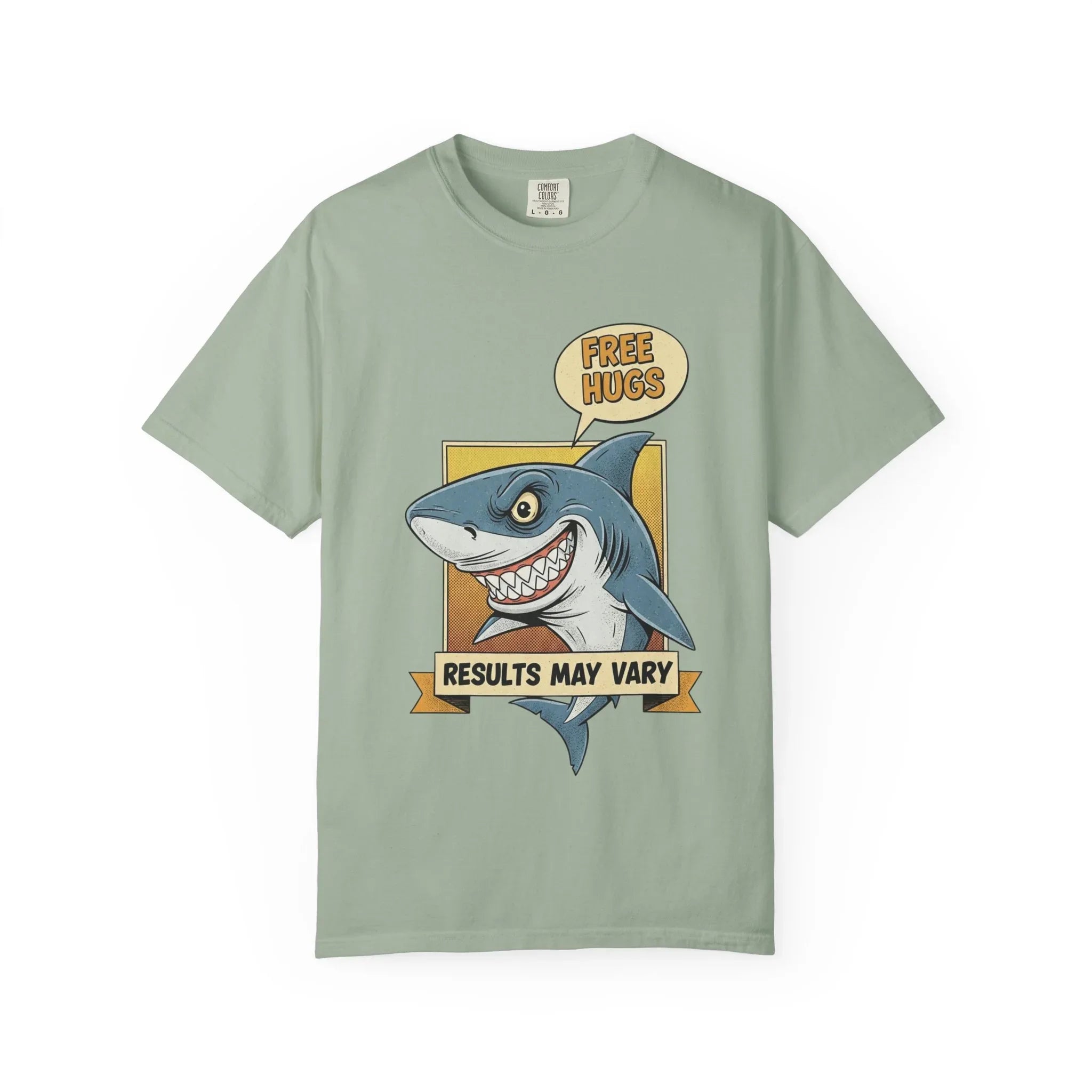 Funny Shark Shirt - "Free Hugs" Sarcastic Vintage Graphic Tee - Results May Vary Dark Humor Gift - Retro Great White Shark Top - Men's & Women's Dad Joke Clothing Bay
