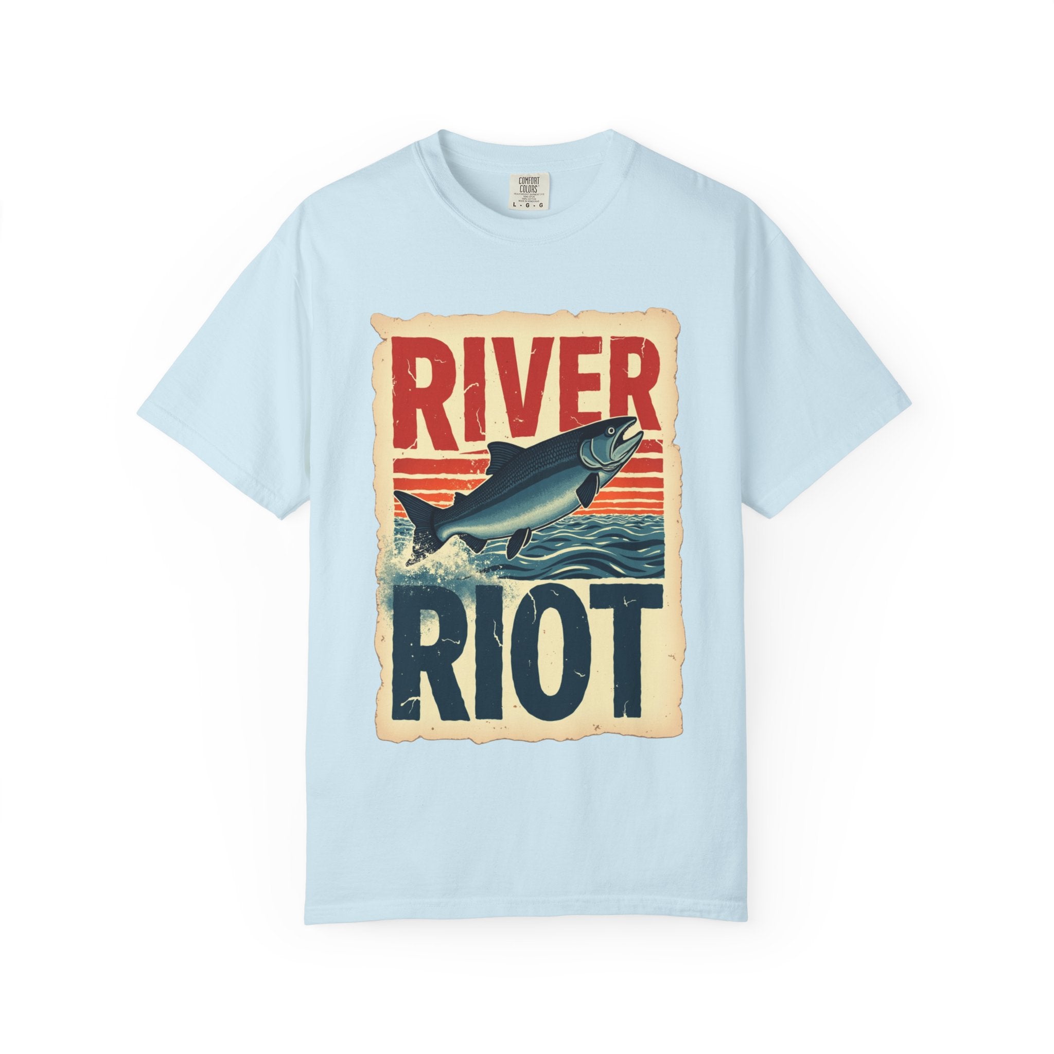 River Riot Salmon T-Shirt, Retro Fishing Graphic Tee, Vintage Fish Poster Design, Leaping Salmon Sunburst Stripes, Unisex Garment-Dyed Chambray