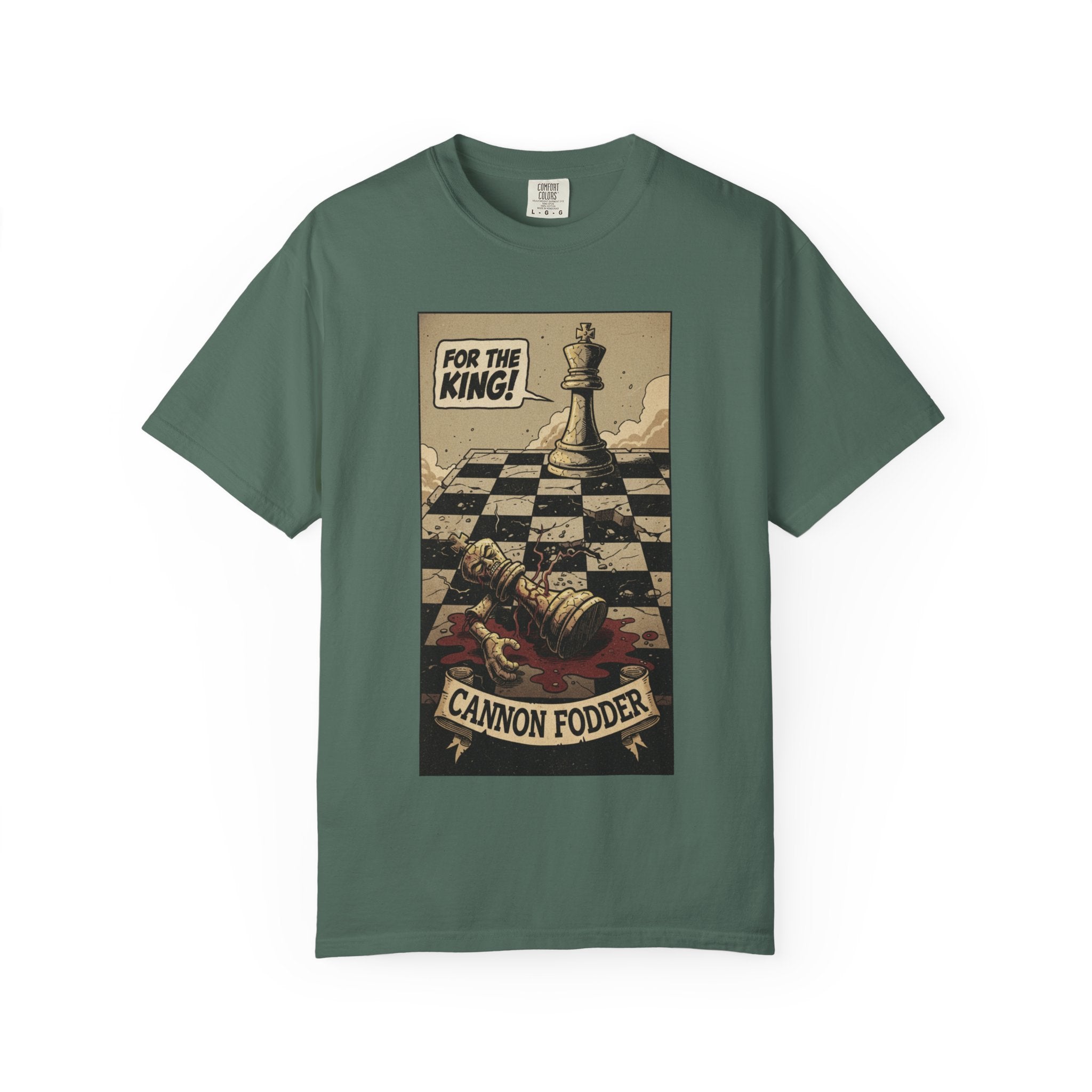 T-Shirt — "For the King! Cannon Fodder" Vintage Chess Graphic Tee Blue Spruce