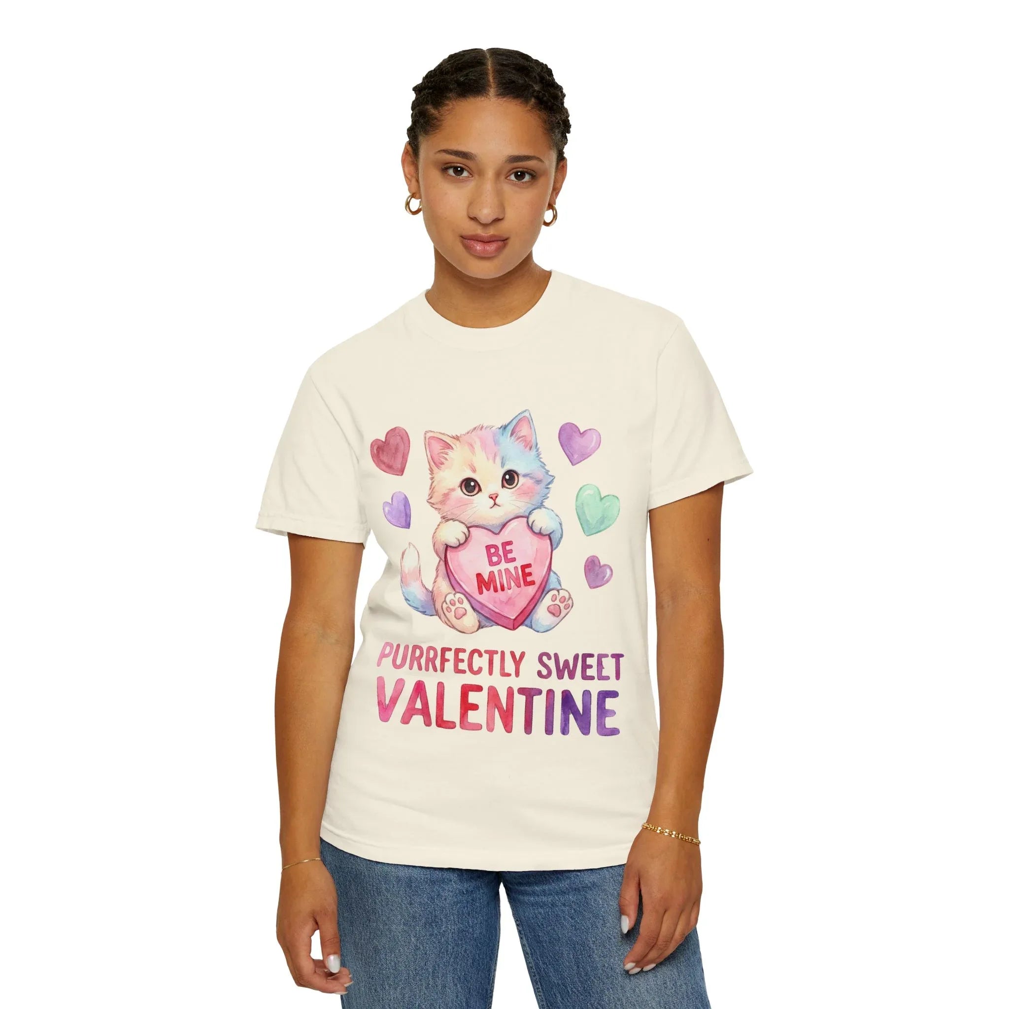 Purrfectly Sweet Valentine Cat T-Shirt | Be Mine Heart Design | Cute Pastel Kitten Tee | Cozy Romantic Gift for Cat Lovers Ivory