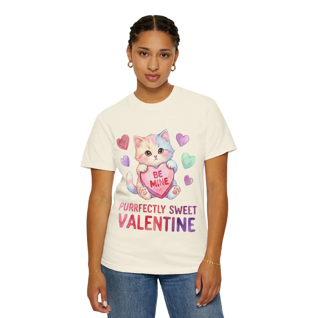 Purrfectly Sweet Valentine Cat T-Shirt | Be Mine Heart Design | Cute Pastel Kitten Tee | Cozy Romantic Gift for Cat Lovers
