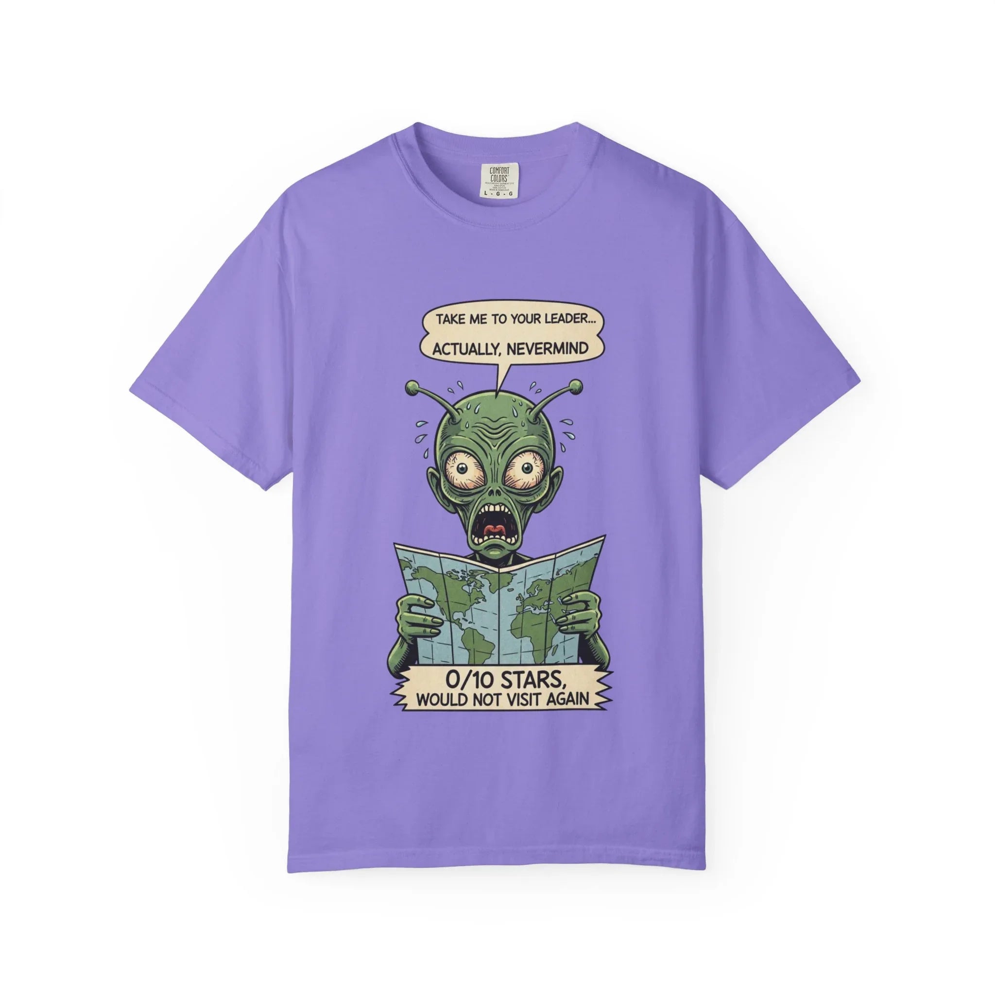 Funny Alien Shirt - Sarcastic Earth Review Tee - Vintage Sci-Fi Lover Gift - 0 Out Of 10 Stars Meme Tshirt - Retro UFO Graphic Top for Introverts Violet