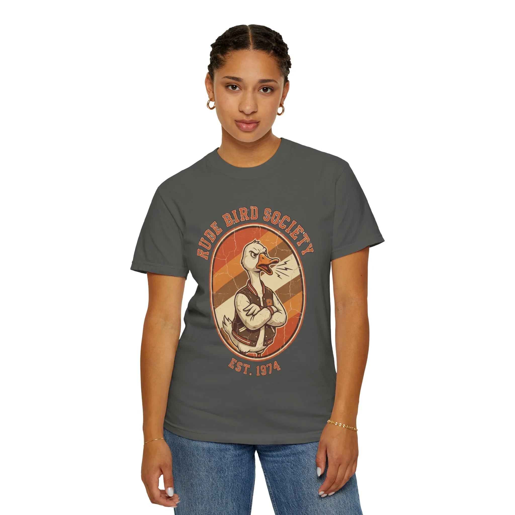 Dude Bird Society Goose T-Shirt | Retro Vintage Badge Est 1974 | Sunset Stripes Graphic | Garment-Dyed Heavyweight Unisex Pepper