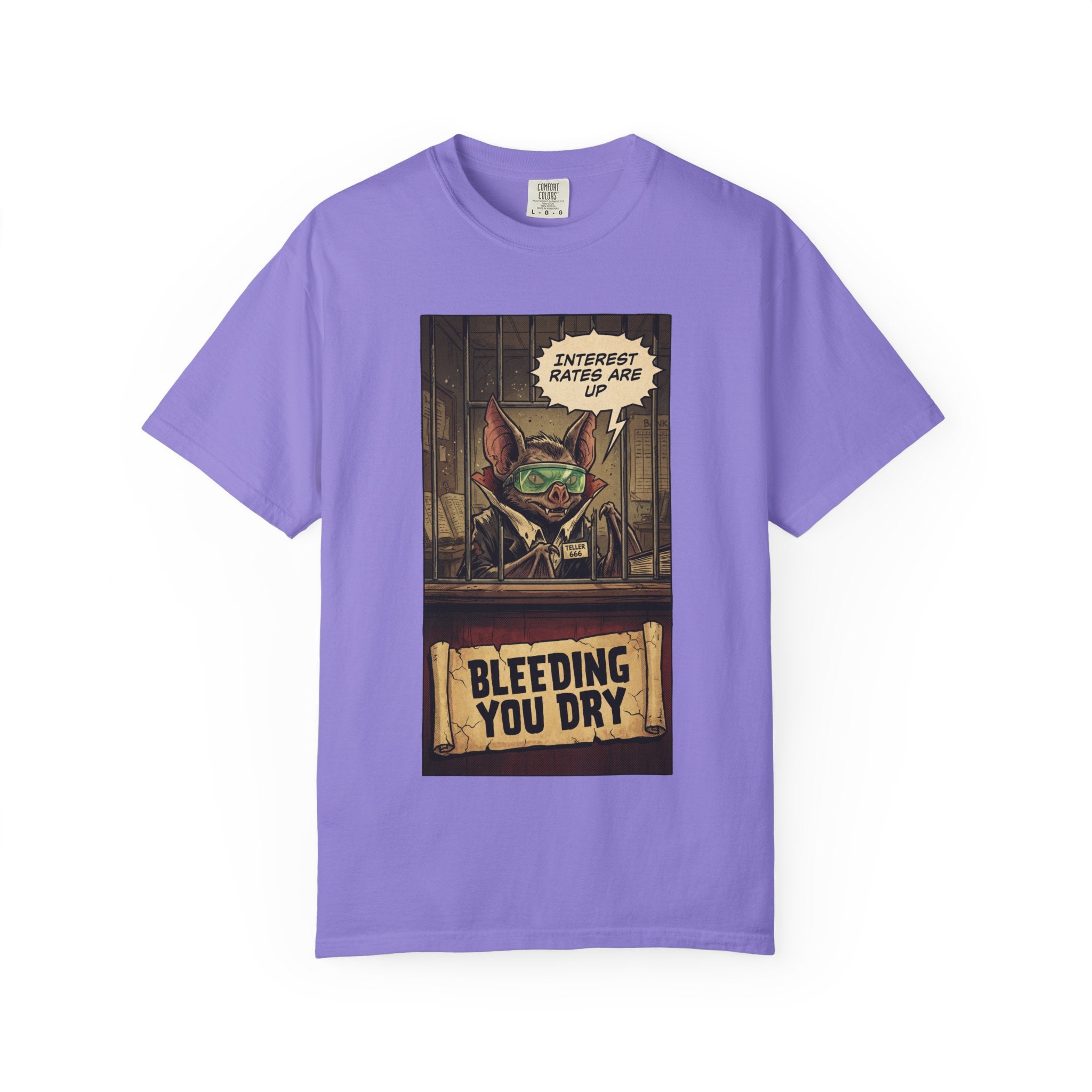 Interest Rates Are Up Shirt, Banker Bat Bleeding You Dry Tee, Funny Finance Satire, Debt & Mortgage Crisis T-Shirt, Vintage Grunge Apparel Violet