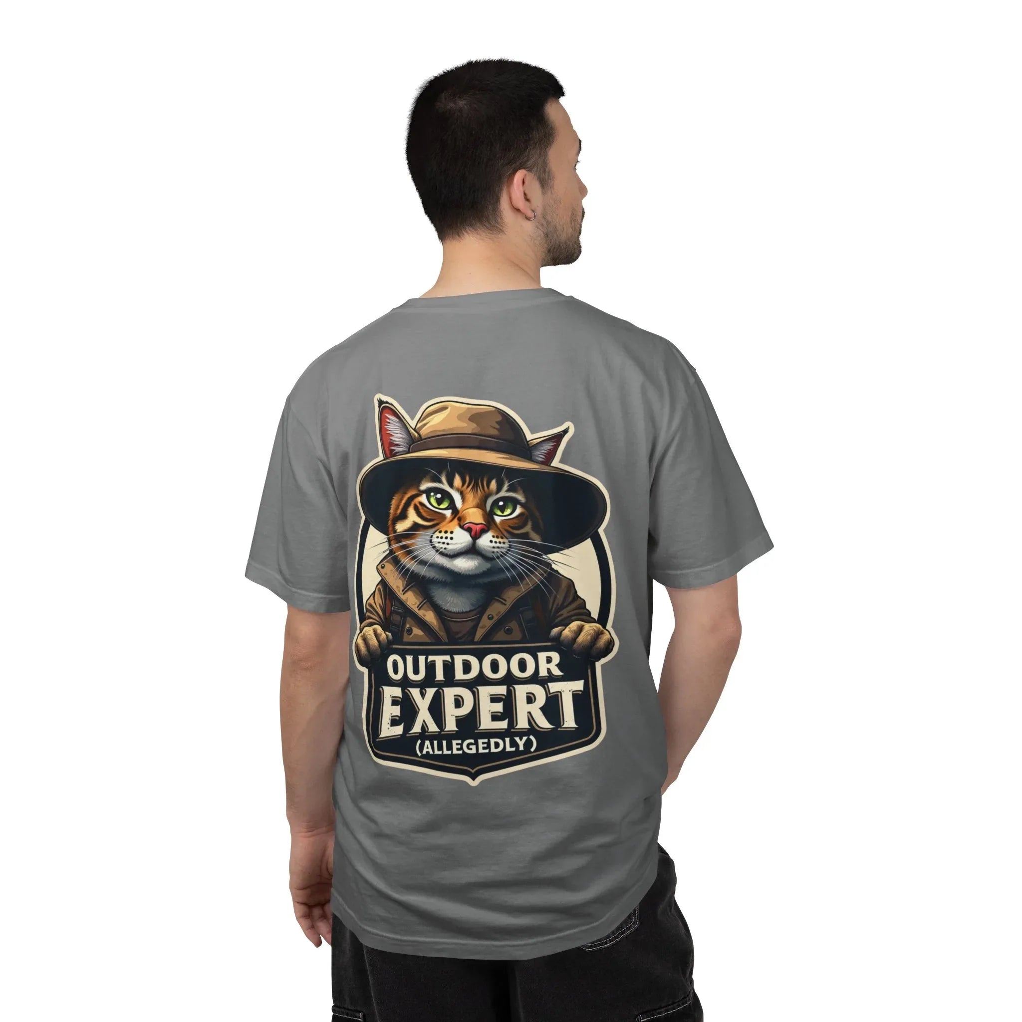 Outdoor Expert Cat T-Shirt, Outdoor Expert (Allegedly) Back Print Tee, Funny Camping Cat in Fedora Badge, Unisex Garment-Dyed Grey