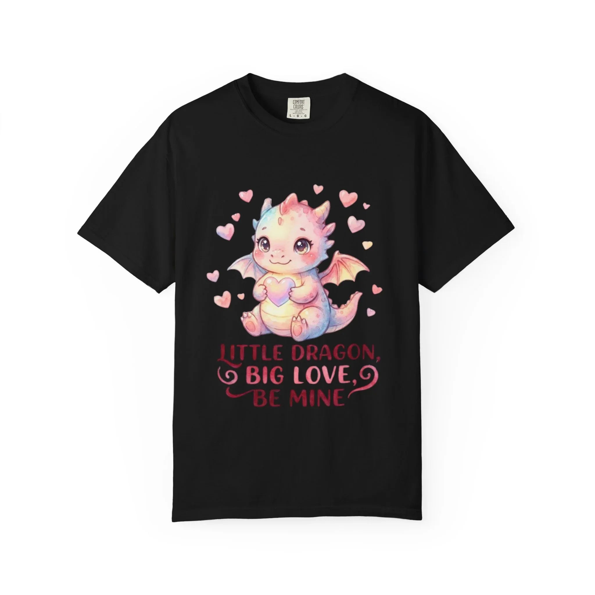 Little Dragon Be Mine T Shirt Cute Baby Dragon Heart Watercolor Cozy Vintage Aesthetic Gift Fantasy Lovers Soft Cotton Romantic Tee Black