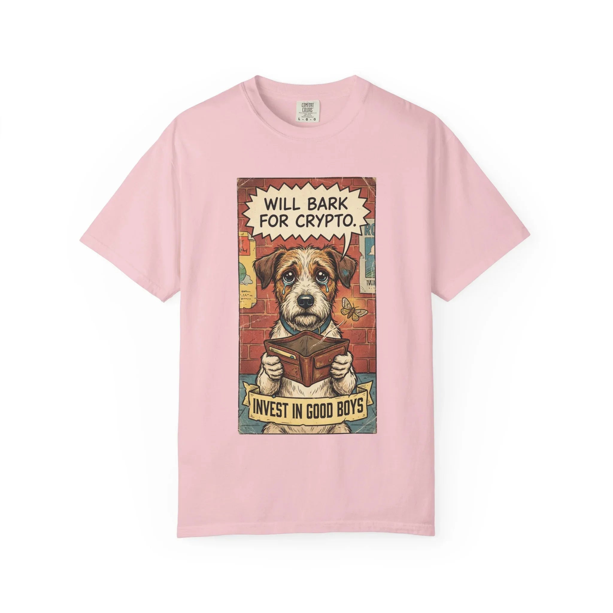Funny Crypto Dog Shirt - Vintage Dogecoin Bitcoin Investor Gift - "Will Bark for Crypto" Graphic Tee - Retro Satirical Meme Clothing - HODL & Buy the Dip T-Shirt Blossom