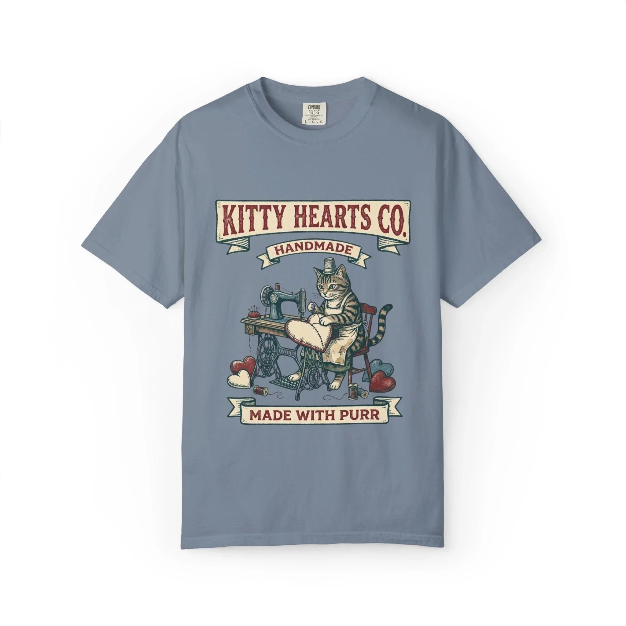 Kitty Hearts Co T-Shirt | Vintage Sewing Cat Made With Purr Graphic Tee | Retro Craft Cat Lover Gift Shirt Blue Jean