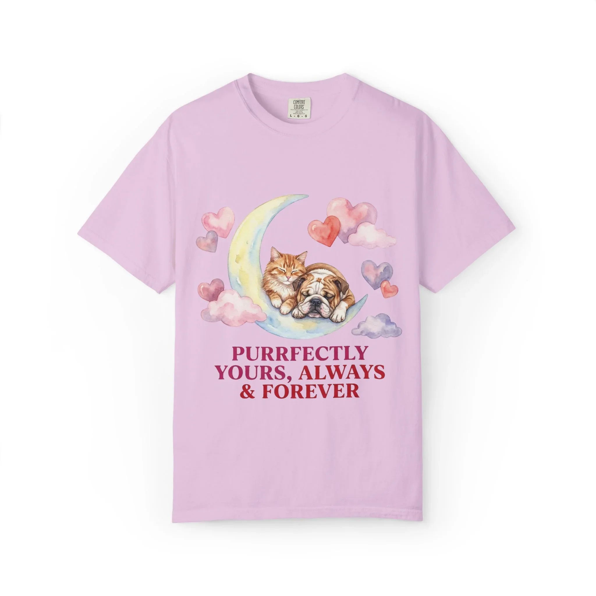 Purrfectly Yours Cat Dog Moon T Shirt Cute Pet Friends Hearts Watercolor Cozy Vintage Aesthetic Gift Pet Lovers Soft Cotton Romantic Tee Orchid