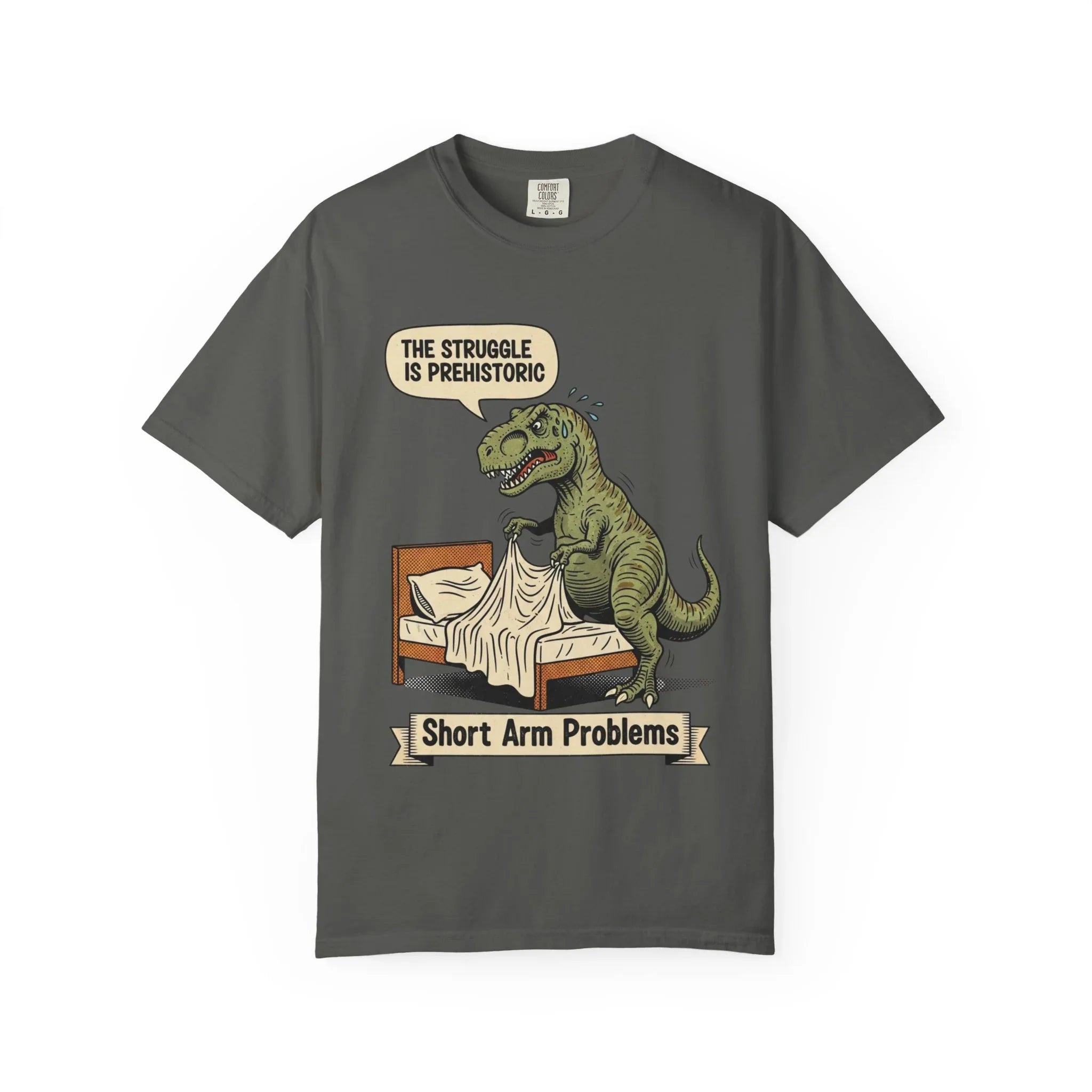 Funny T-Rex Shirt - "The Struggle Is Prehistoric" Graphic Tee - Short Arm Problems Meme Tshirt - Vintage Dinosaur Humorous Gift for Him & Her - Retro Comic Style Top Pepper
