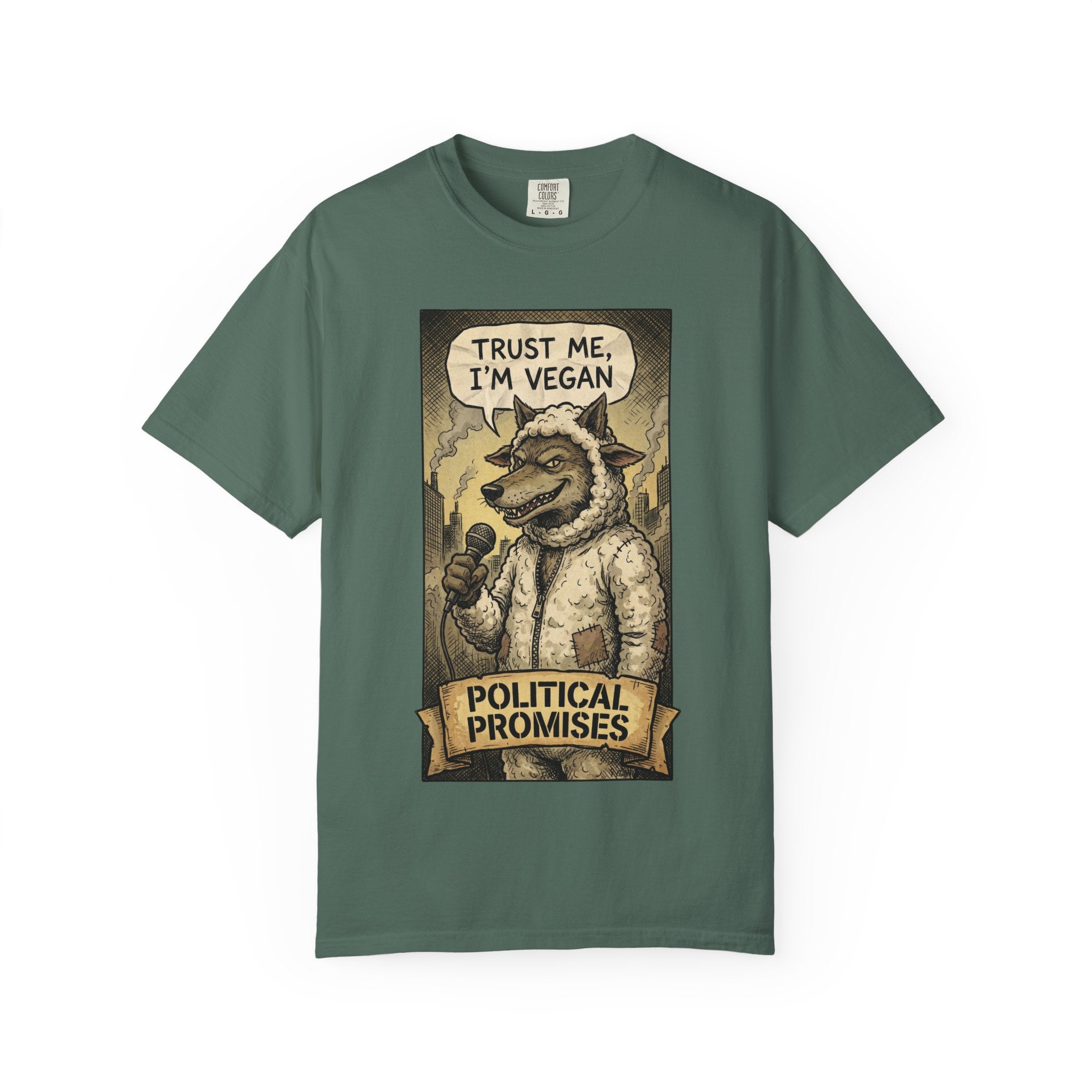 Political Promises Shirt, Wolf in Sheep's Clothing T-Shirt, Sarcastic Social Commentary Tee, Vintage Grunge Satire Apparel, Free Thinker Gift Blue Spruce