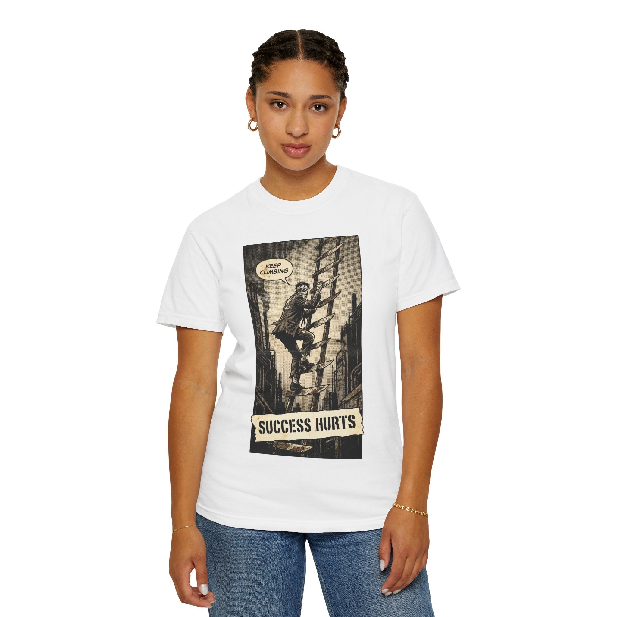 Success Hurts T-Shirt - Keep Climbing Vintage Comic Tee - Motivational Streetwear - Edgy Hustle Culture Shirt - Grunge Aesthetic Apparel White