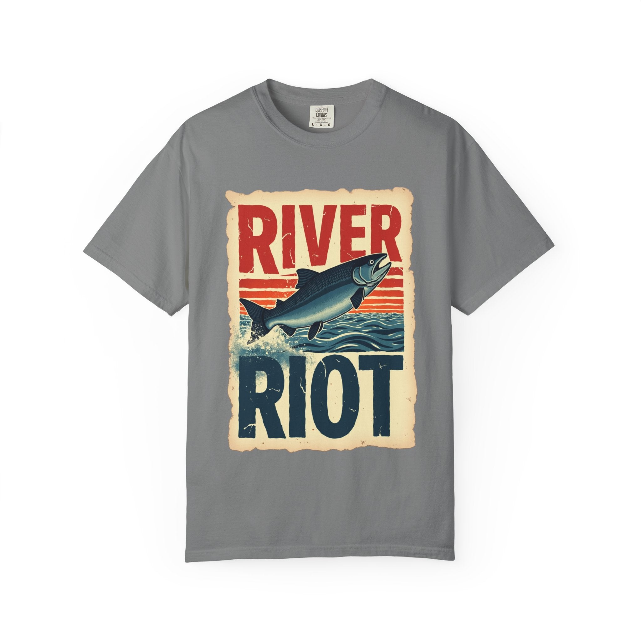 River Riot Salmon T-Shirt, Retro Fishing Graphic Tee, Vintage Fish Poster Design, Leaping Salmon Sunburst Stripes, Unisex Garment-Dyed Grey