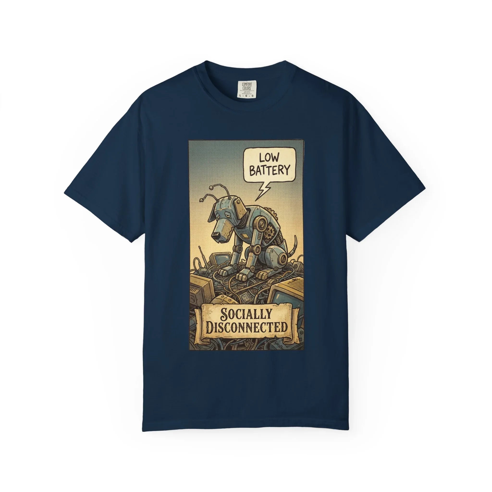 Socially Disconnected Robot Dog Shirt - Vintage Retro Comic Tee - Social Battery Introvert Gift - Satirical Humor Aesthetic T-Shirt - Relatables Low Battery Robot Graphic Tee True Navy