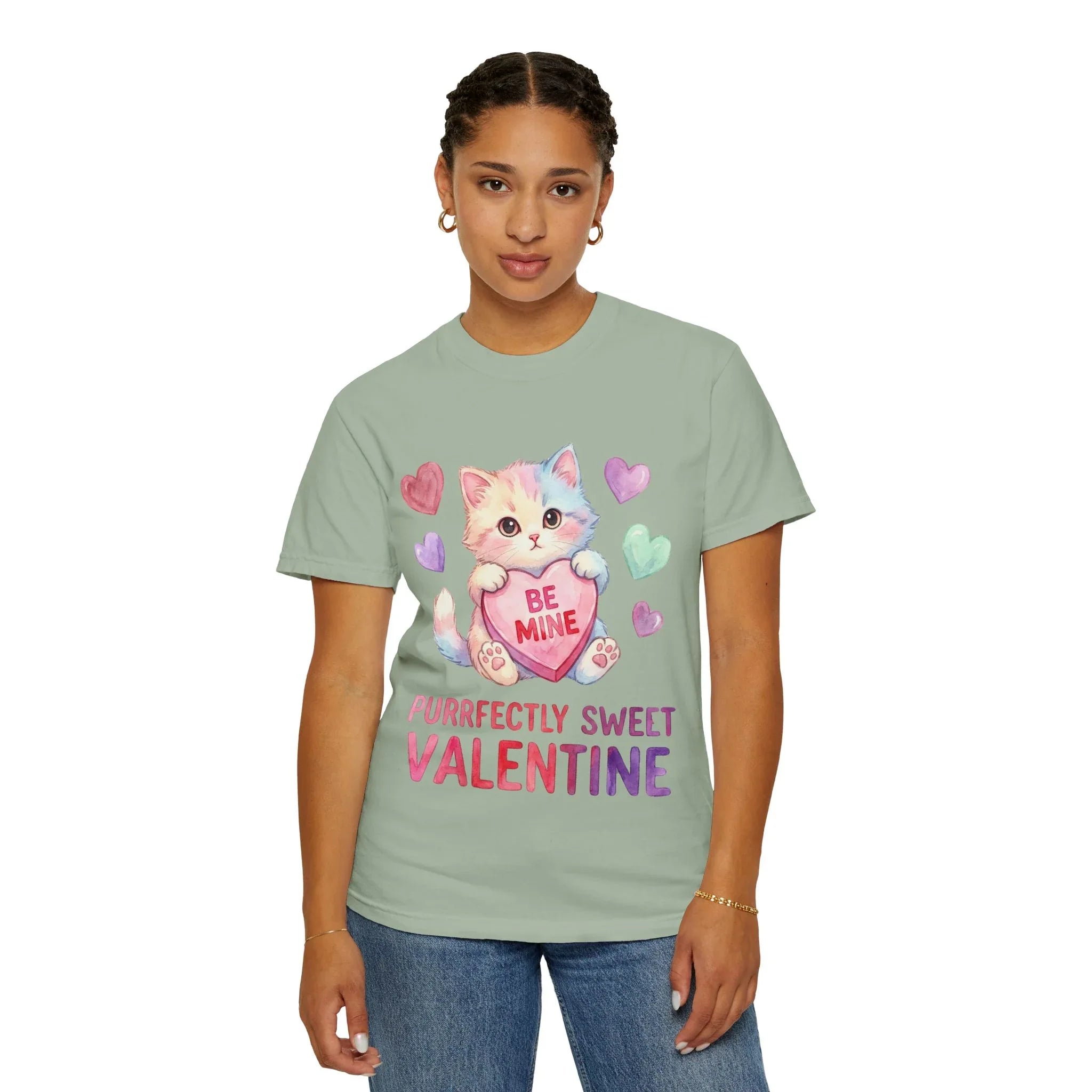 Purrfectly Sweet Valentine Cat T-Shirt | Be Mine Heart Design | Cute Pastel Kitten Tee | Cozy Romantic Gift for Cat Lovers Bay