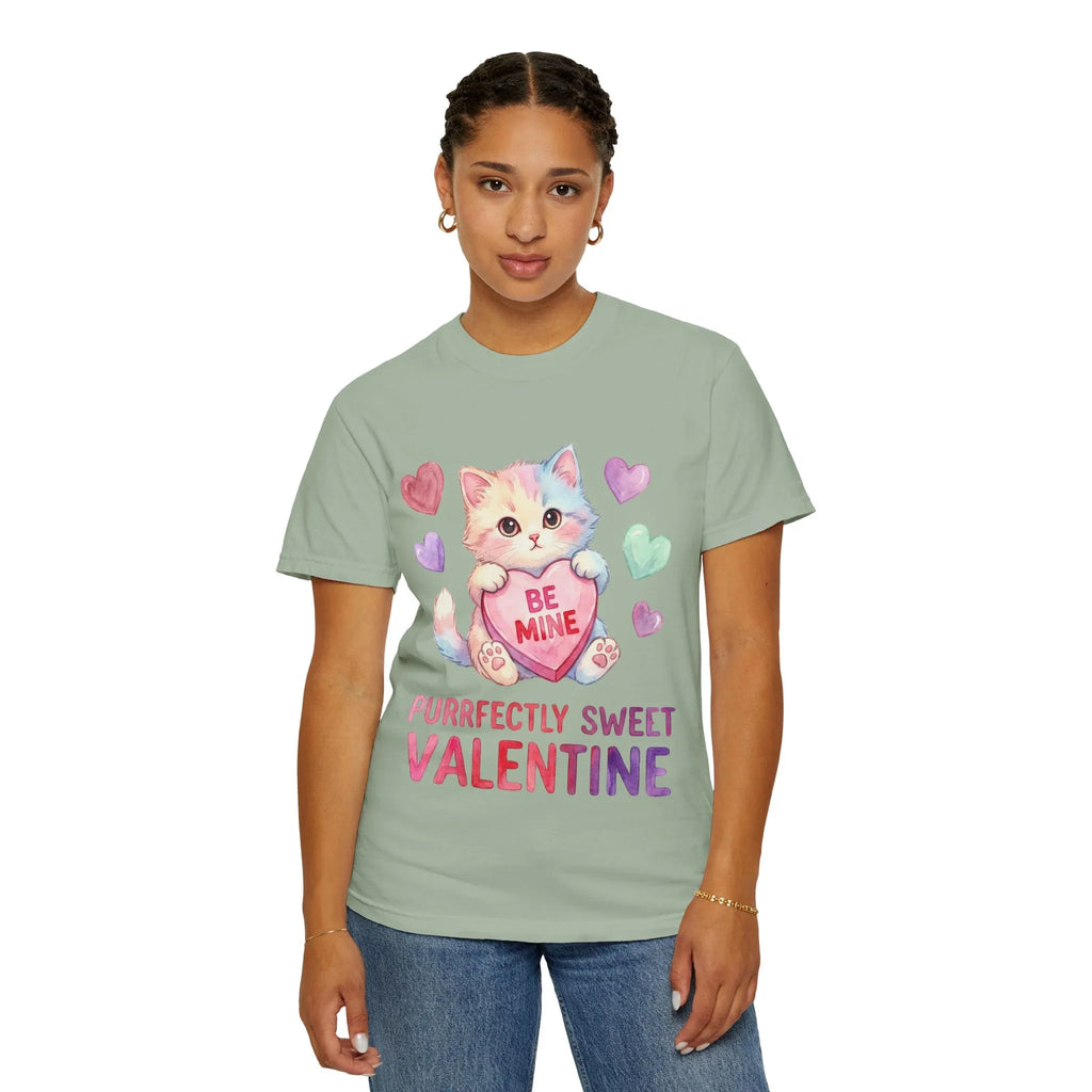 Purrfectly Sweet Valentine Cat T-Shirt | Be Mine Heart Design | Cute Pastel Kitten Tee | Cozy Romantic Gift for Cat Lovers