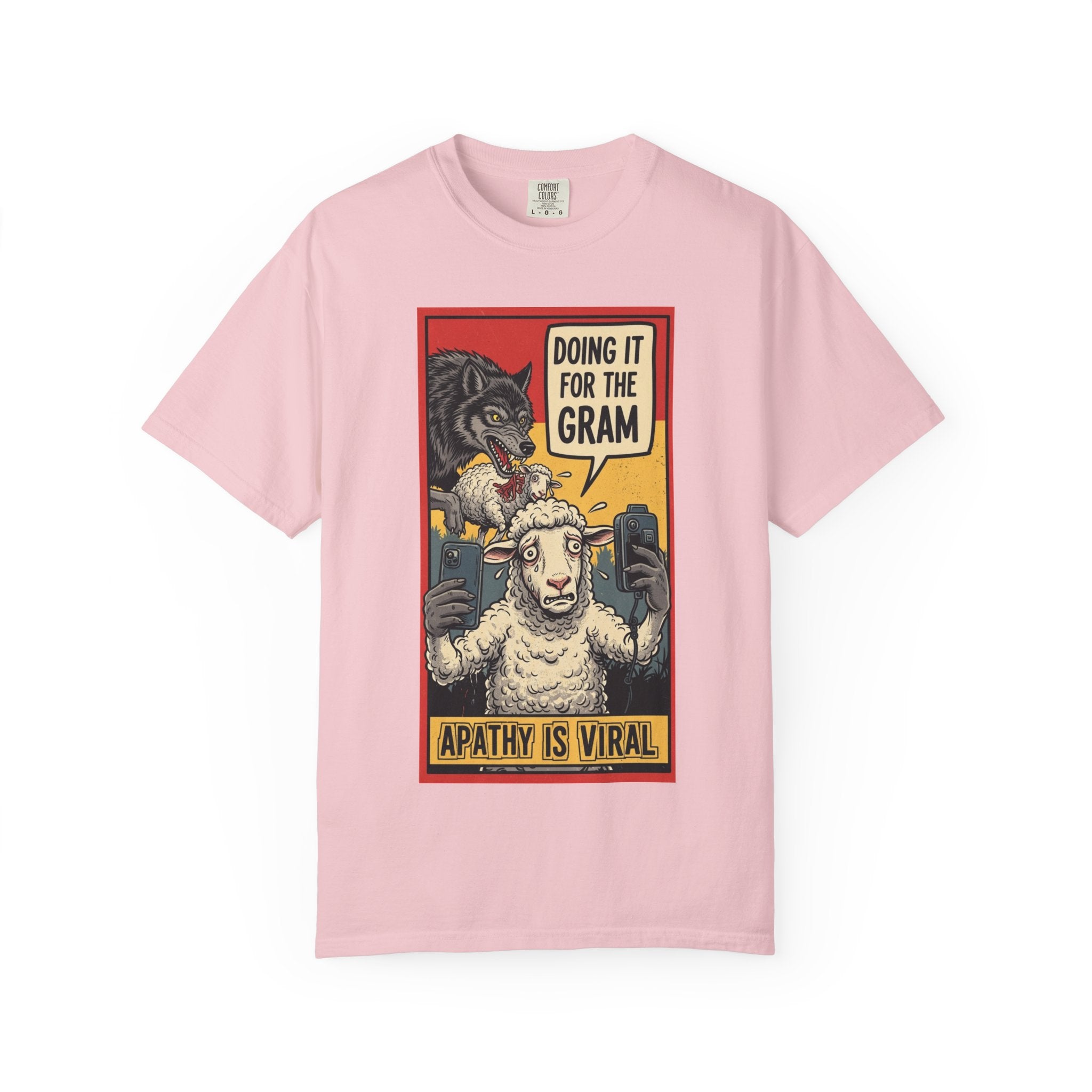 Doing It For The Gram Shirt Apathy Is Viral Satire Tee Social Media Critic Gift Wolf and Sheep Graphic Retro Aesthetic Edgy Apparel Blossom