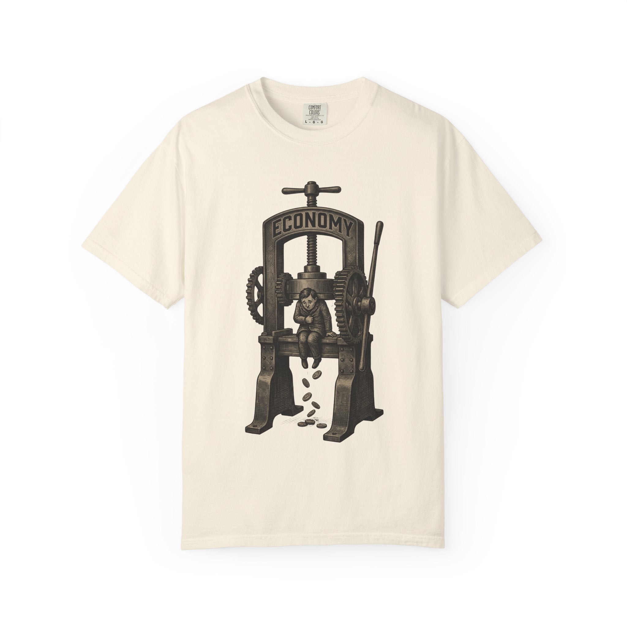 Vintage "ECONOMY" Press T-Shirt | Retro Industrial Satire Graphic Tee | Hand-Drawn Woodcut Style Socio-Economic Statement Shirt Ivory