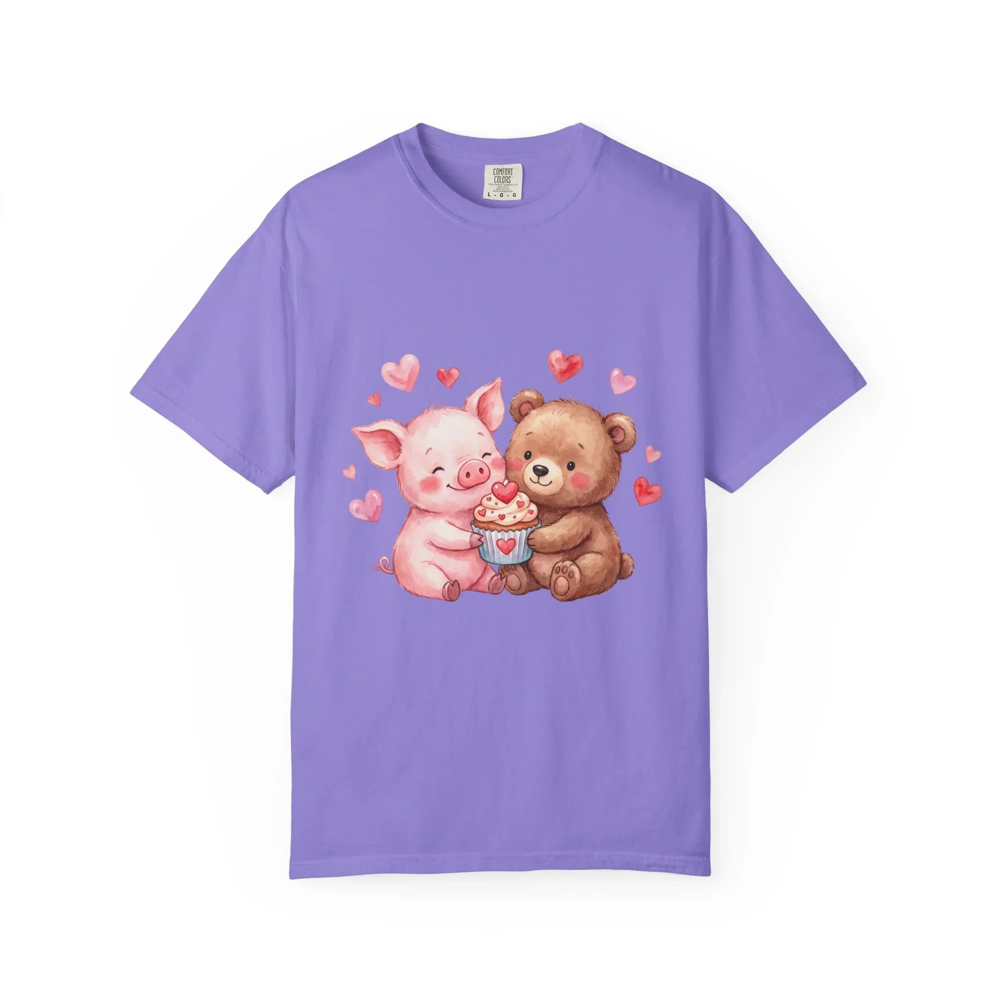 Cute Pig Bear Heart Cup Valentine T Shirt Watercolor Cozy Vintage Aesthetic Gift Animal Lovers Soft Cotton Romantic Tee Violet